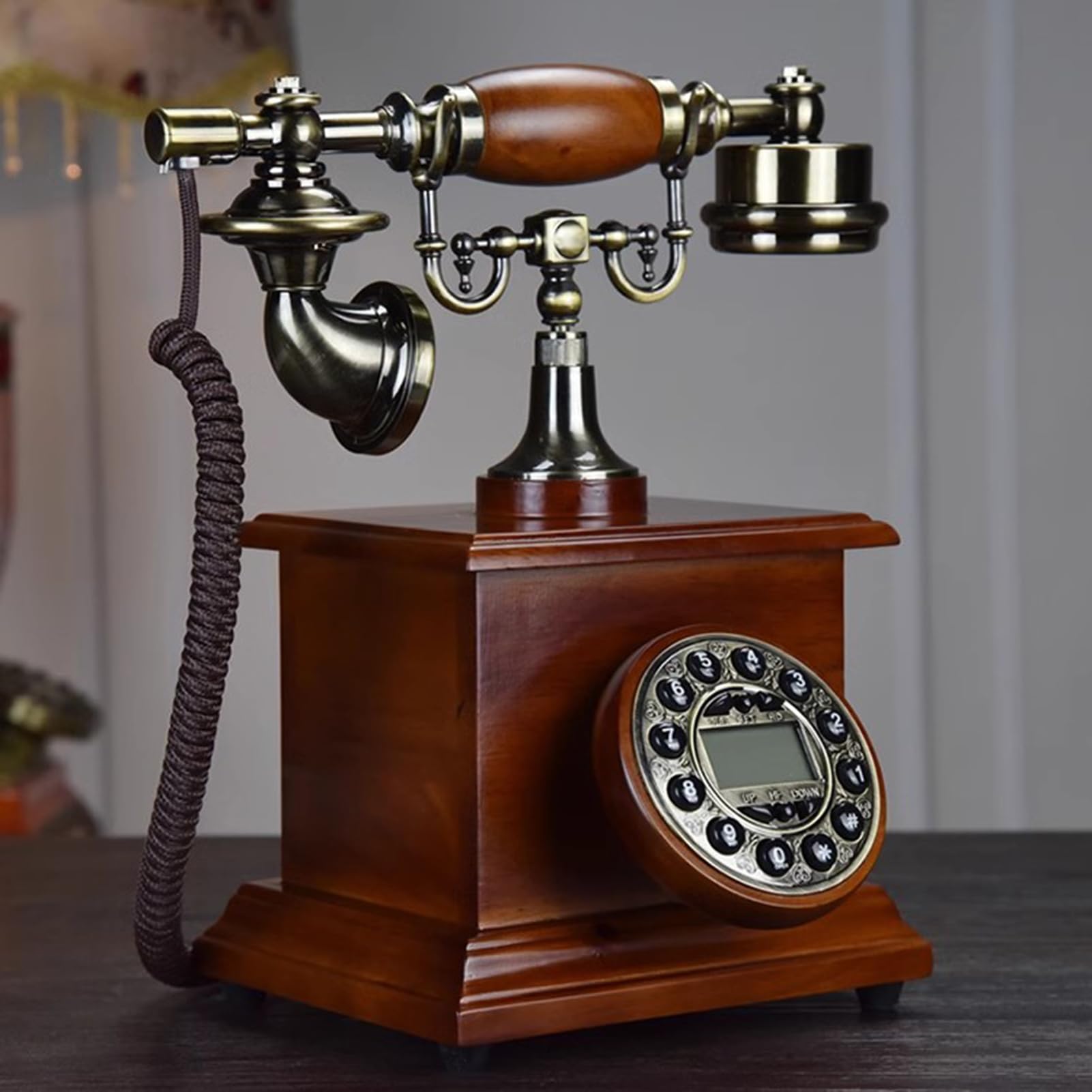 Teléfono retro con cable, teléfono fijo vintage para el hogar/oficina, teléfono clásico de madera antigua con botón, B, B (B)