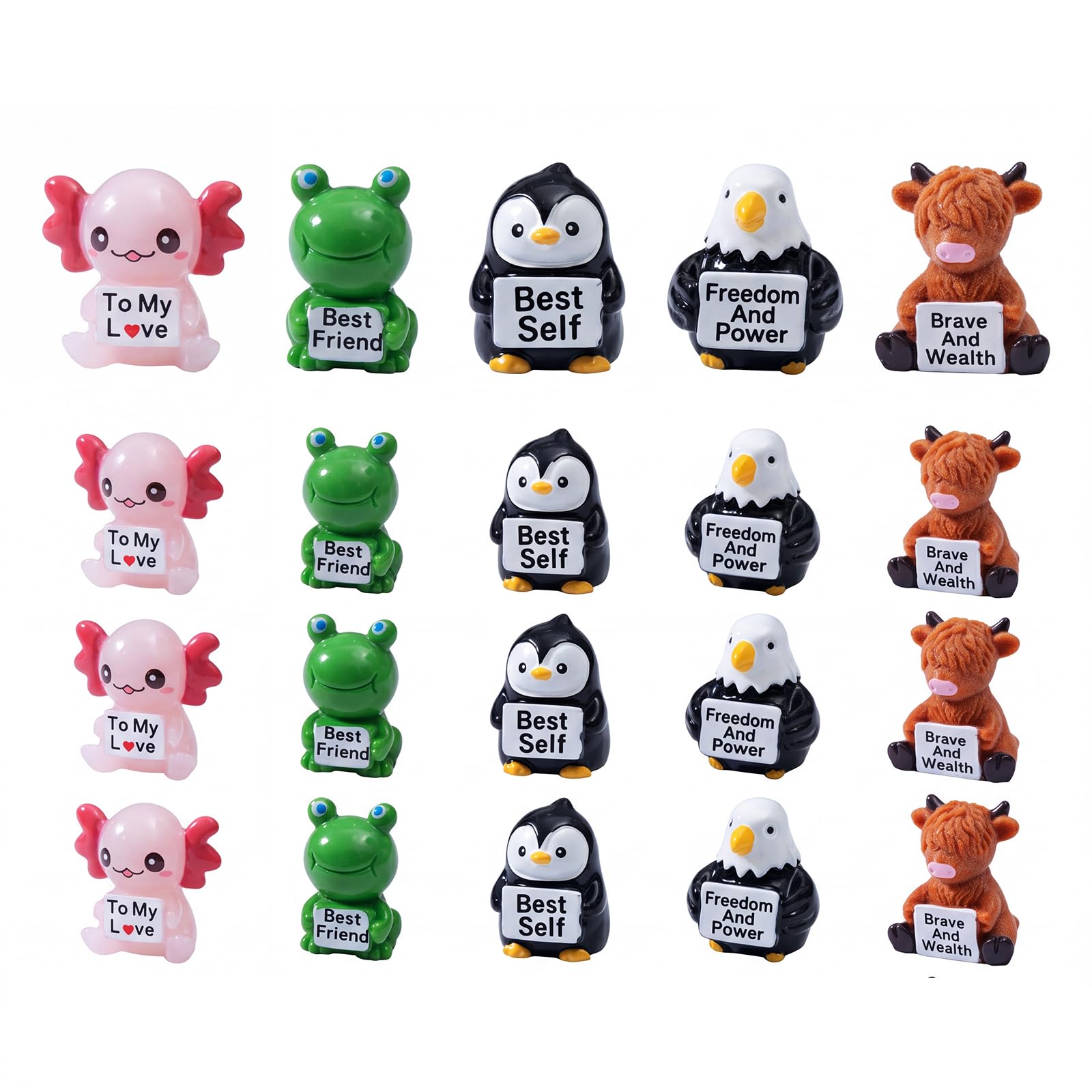 20Pcs Mini Resin Animals, Tiny Animal Figures with Axolotl, Frog, Penguin, Eagle & Highland Cow, Cute Animal Ornament with Heartwarming Signs, Adorable Home Decor for Fairy Garden Dollhouse & Aquarium