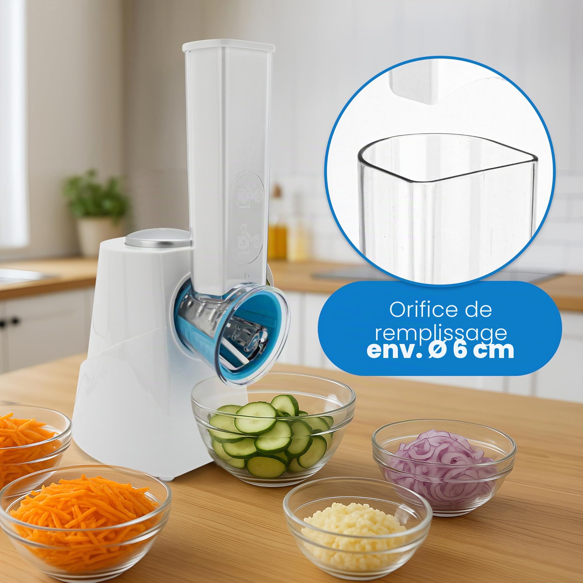 Clatronic ME 3604, Multi-Express, pour couper, râper et émincer | Éminceur électrique | Coupe-légumes | Râpe à légumes | 5 ustensiles y compris râpes | Grande ouverture de remplissage | 200W | Blanc