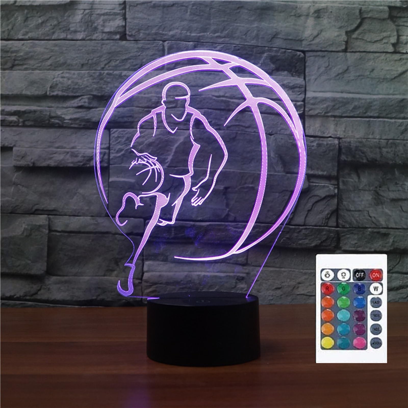 FLRXHK Lámpara de mesa táctil con ilusión 3D para jugar al baloncesto, lámpara de escritorio con control remoto, 16 colores, luz nocturna LED USB óptica para niños, decoración de habitación de regalo