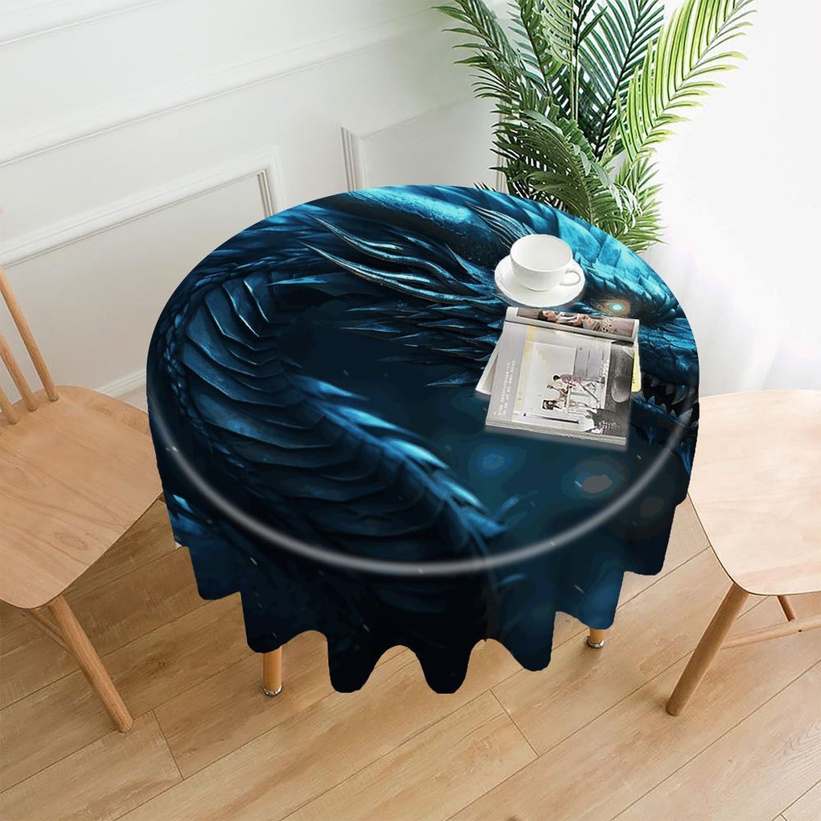 MUSM 60 Inch Cyan Dragon Round Tablecloth Wipeable Washable Table Cover for Kitchen and Dining Room Decorative Table Cloth for Party Holiday Picnic Outdoor