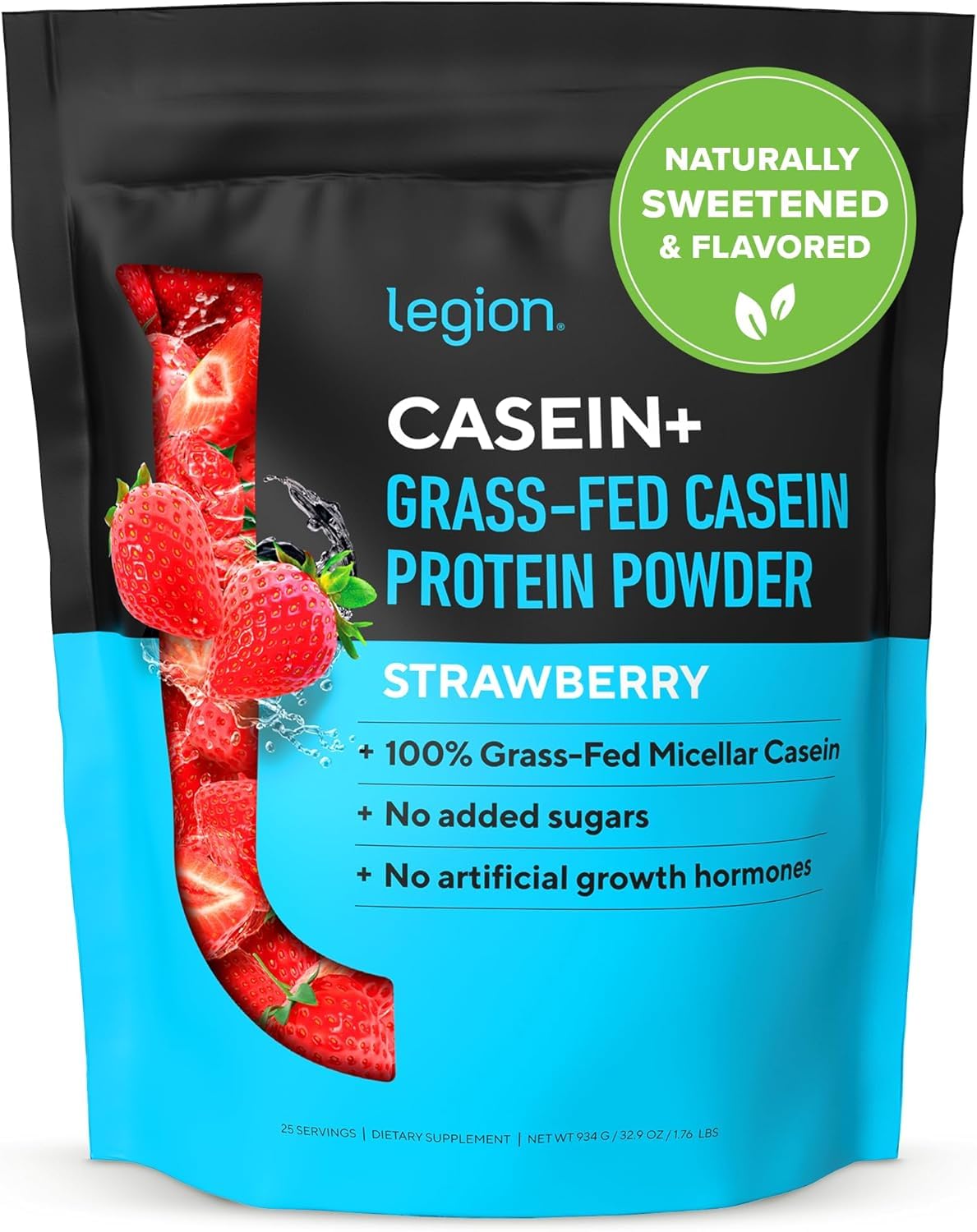 LEGION Casein+ Pure Micellar Casein Protein Powder - Non-GMO Grass Fed Cow Milk, Natural Flavors & Stevia, Low Carb, Keto Friendly (Strawberry) | 30 Servings