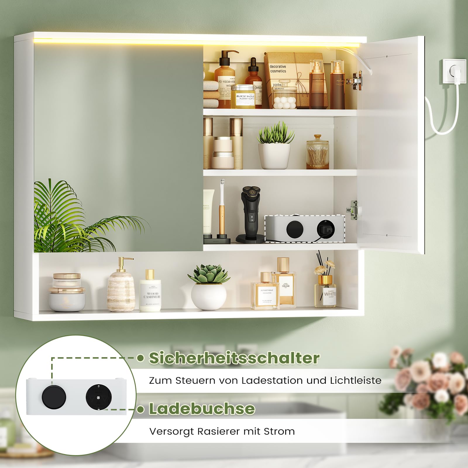 Spiegelschrank Bad mit LED-Beleuchtung und Steckdose 80 cm Breit | Doppeltür Badschrank mit HD Spiegel, Verstellbaren Ablagen, Offenes Regal, Badezimmerschrank, Wandschrank 80 x 19,5 x 75.5 cm