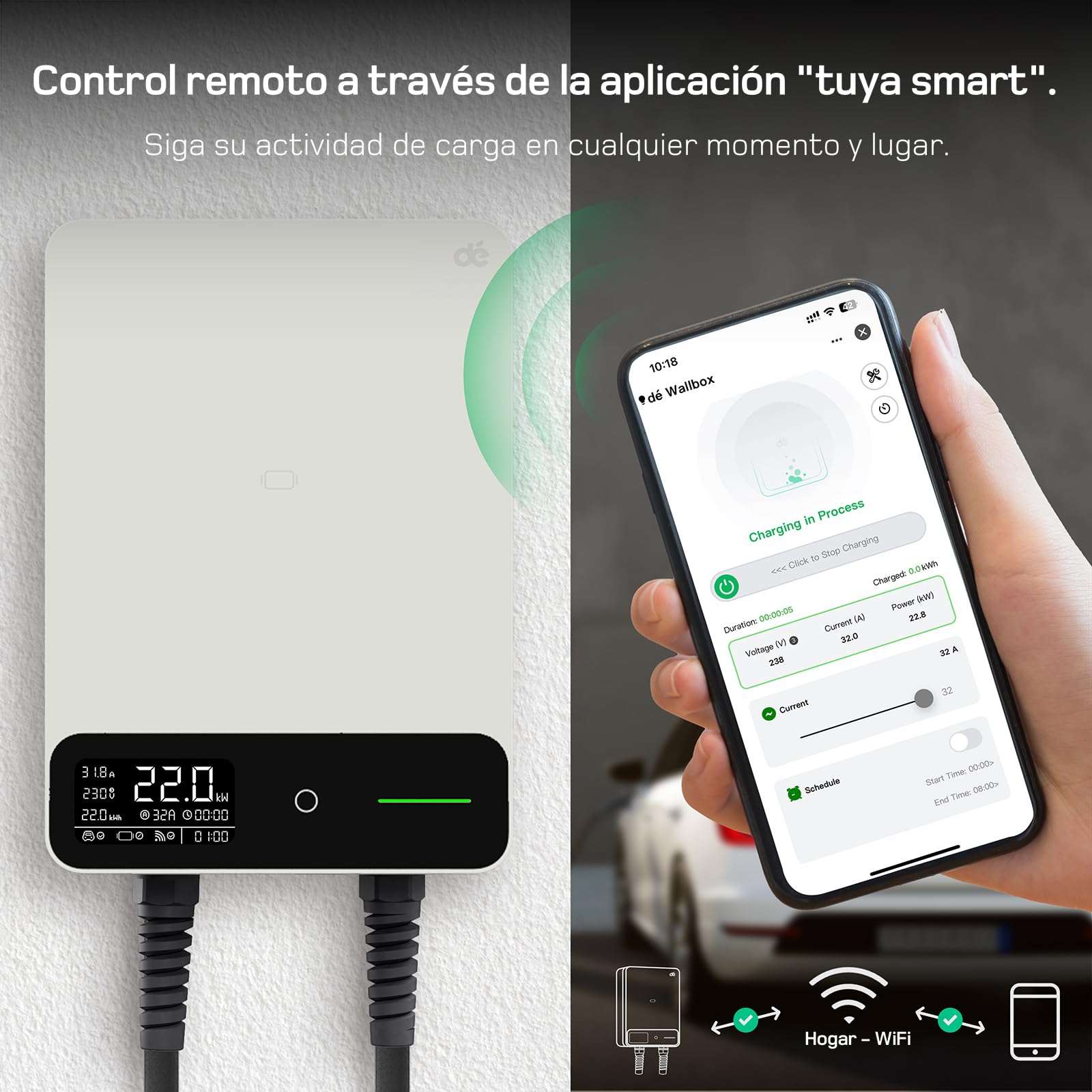 dé Estación de Carga Coche Electrico 22kW [6-32A, Trifásico, 400V] Wallbox 22kW con Cable Tipo 2 7,5m, RFID, Estación de Carga con RCD Tipo-B y Protección IP55 para Model Y y Otros BEV/PHEV, Blanco