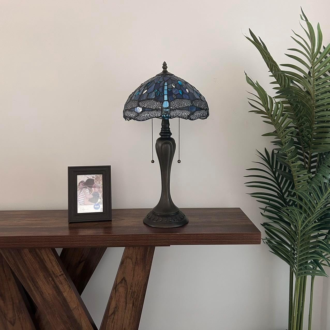 Tiffany Table Lamp Blue Stained Glass Dragonfly LED Bulbs Included Pull Chain Switches for Living Room Dining Room Bedroom Bedside 12" W*12" D*22" H