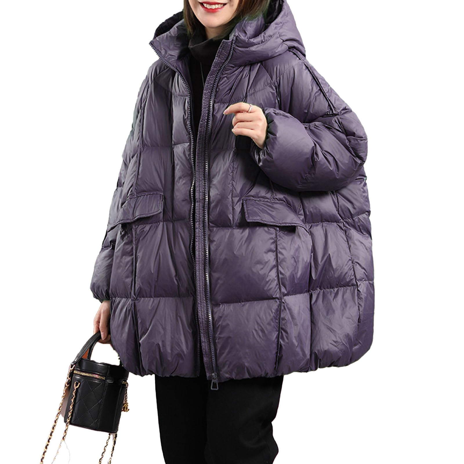 Piumino Invernale da Donna Bianco in Piuma D'Anatra con Cappuccio Caldo Piumino Oversize Femminile Casual Allentato Parka Tascabile,Viola,M