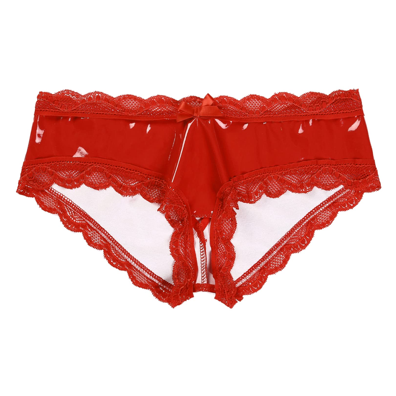 FEESHOW Donna Pelle Verniciata Slip Ouvert G String Tanga Wetlook Intimo Passo Aperto Mutandine Bikinislip Mutandina Slip
