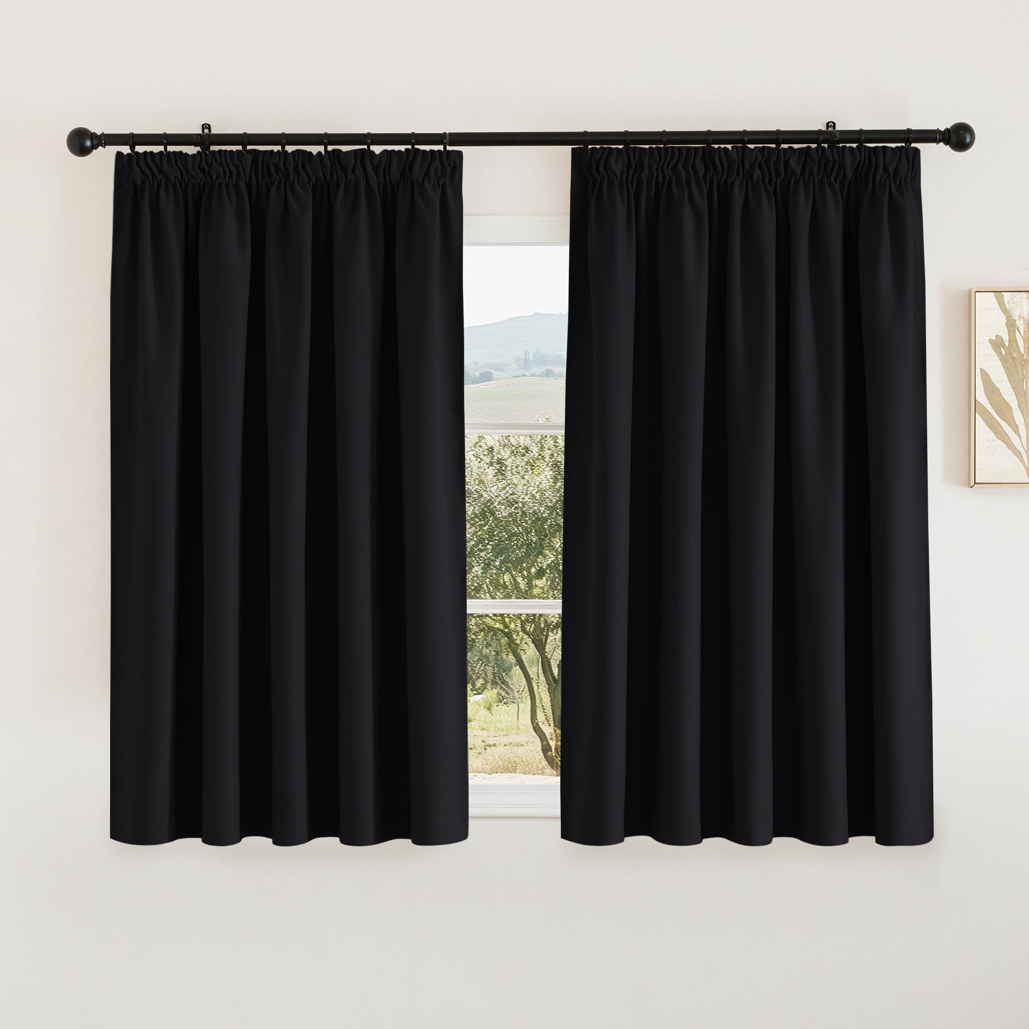 PONY DANCE Blackout Thermal Curtains Black - Short Pencil Pleat Curtain for Bedroom Halloween Decor Thermal Insulated Window Treatments Light Blocking, Room Darkening, 2 Panels, W66 X L54, Black