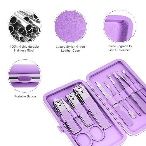Miniatura 9 de Juego de manicura, mini cortaúñas de viaje, herramientas de cuidado de pedicura, 10 piezas de acero inoxidable (violeta)