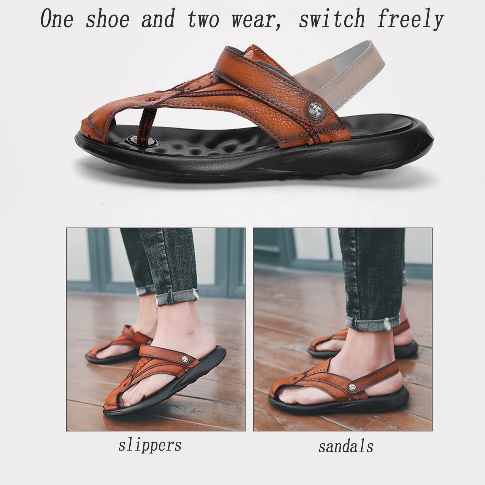 CLSQLXYJZC Zapatillas de Playa Antideslizantes para Hombre, Suela de Goma de Verano, Sandalias de Cuero con Punta Cerrada, Zapatillas Casuales Transpirables y livianas con Correa de talón Ajustable