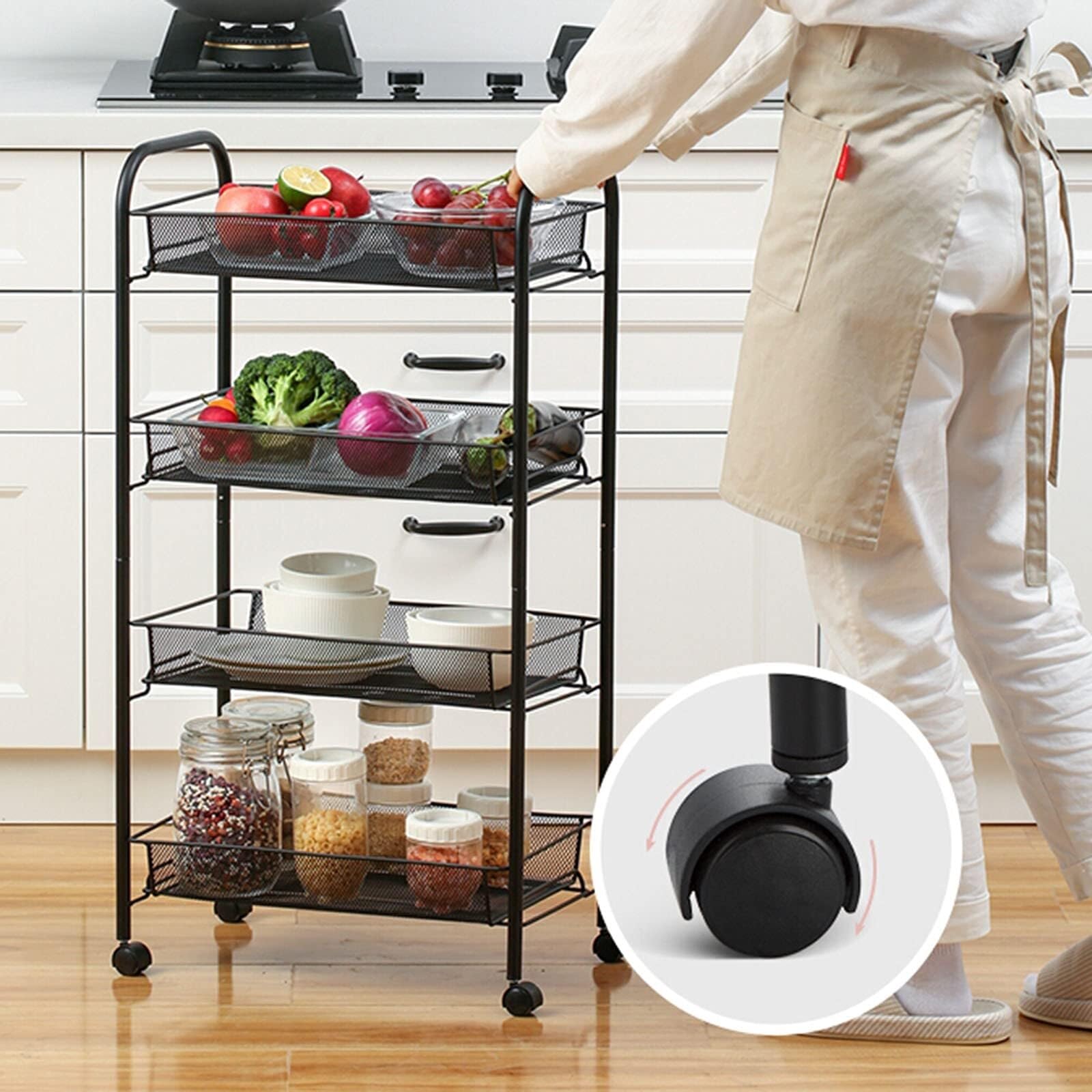 Carro De Cocina Carrito De 4 Niveles con Ruedas, Servicio, Almacenamiento Metal para Cocina, Estante para El Hogar, Organizador para Baño Multiuso Carrito