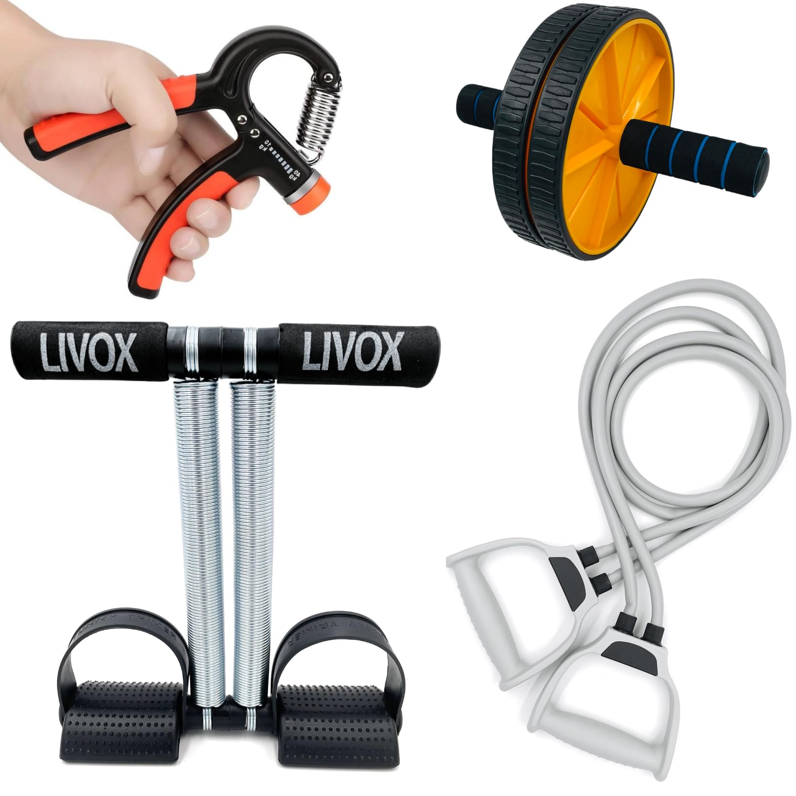Livox Gym Exercise Equipment Home Workout Combo Set for Men and Women (Tummy Trimmer, Hand Gripper, Dual Wheel Roller, Toning Resistance Band) – Pack of 4-image-44
