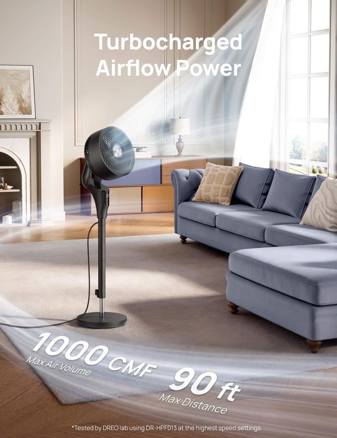 DREO Fan for Bedroom, 2026 Upgraded, 90ft Airflow, 20dB Quiet Fan, 90° Oscillating Standing Fan for Whole Room, DC Motor, 8+H Speeds, 3 Modes, 38-42'' Adjustable Height, 8H Timer, 105° Manual Vertical - Image 3
