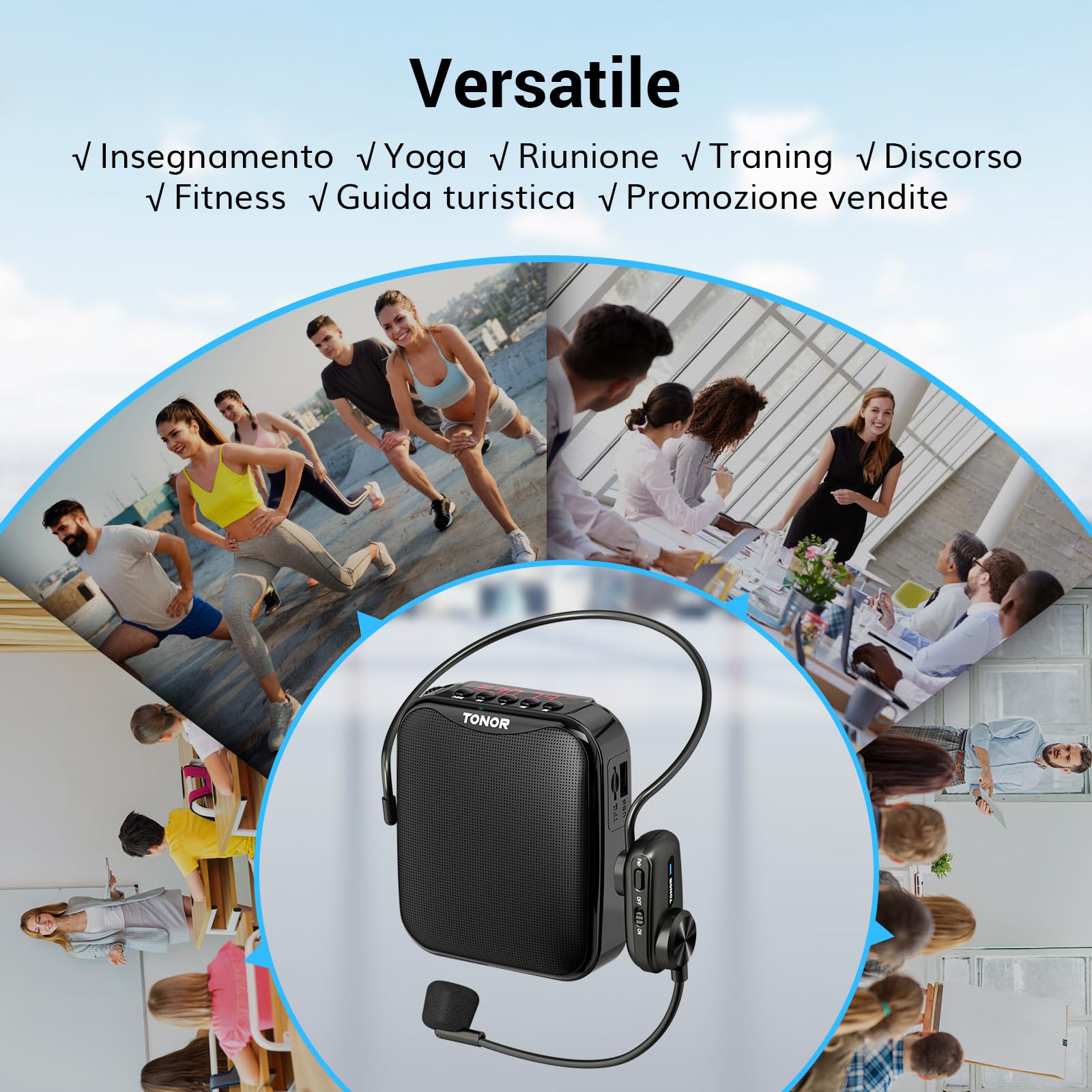 TONOR 15W Amplificatore Vocale Portatile per Insegnanti, Amplificatore Vocale Bluetooth con Microfono per Cuffie Wireless, Sistema PA Ricaricabile per Insegnamento/Istruttori di Fitness/Discorso, 25 M