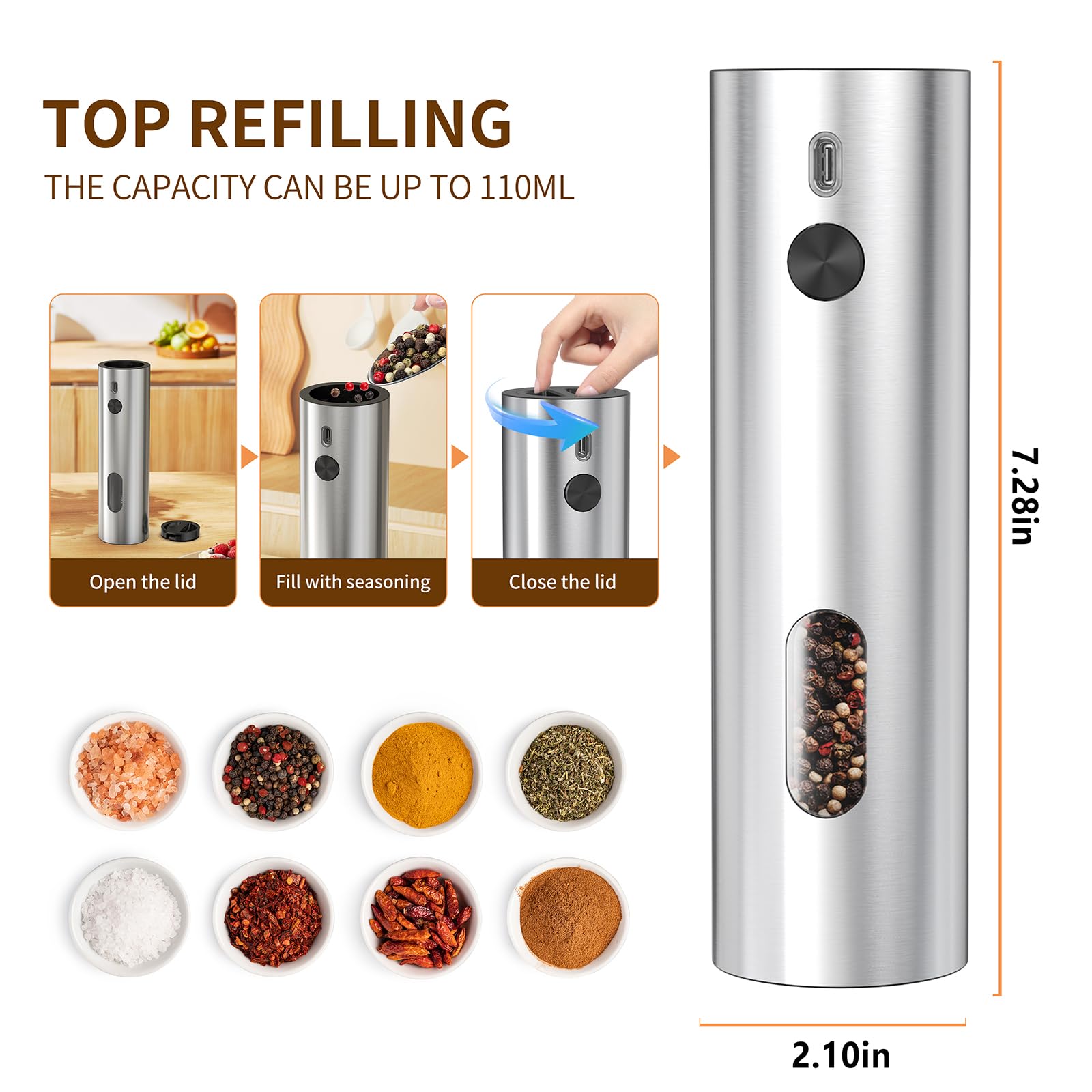 Lot de 4 moulins à poivre et sel électriques rechargeables automatiques avec 6 niveaux de grosseur réglables, lumière LED, capacité de 100 ml et charge de type C