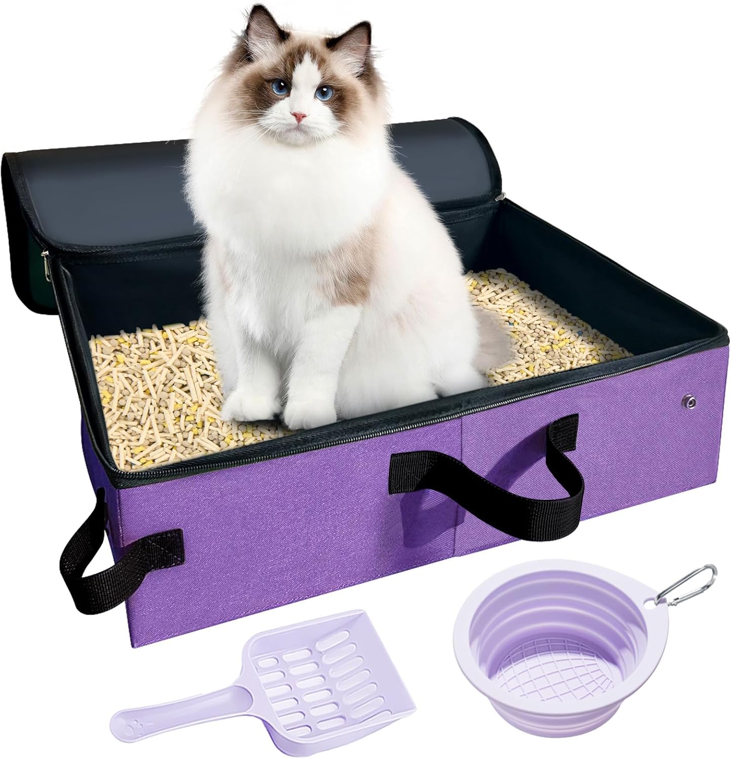 Large Portable Cat Travel Litter Box with Lid,Silicone Folding Bowl & Little Scooper, Leak-Proof and Foldable Travel Cat Litter Box for Hotels, Car and Camping, Odor-Free & Waterproof, 20x14x6.5''
