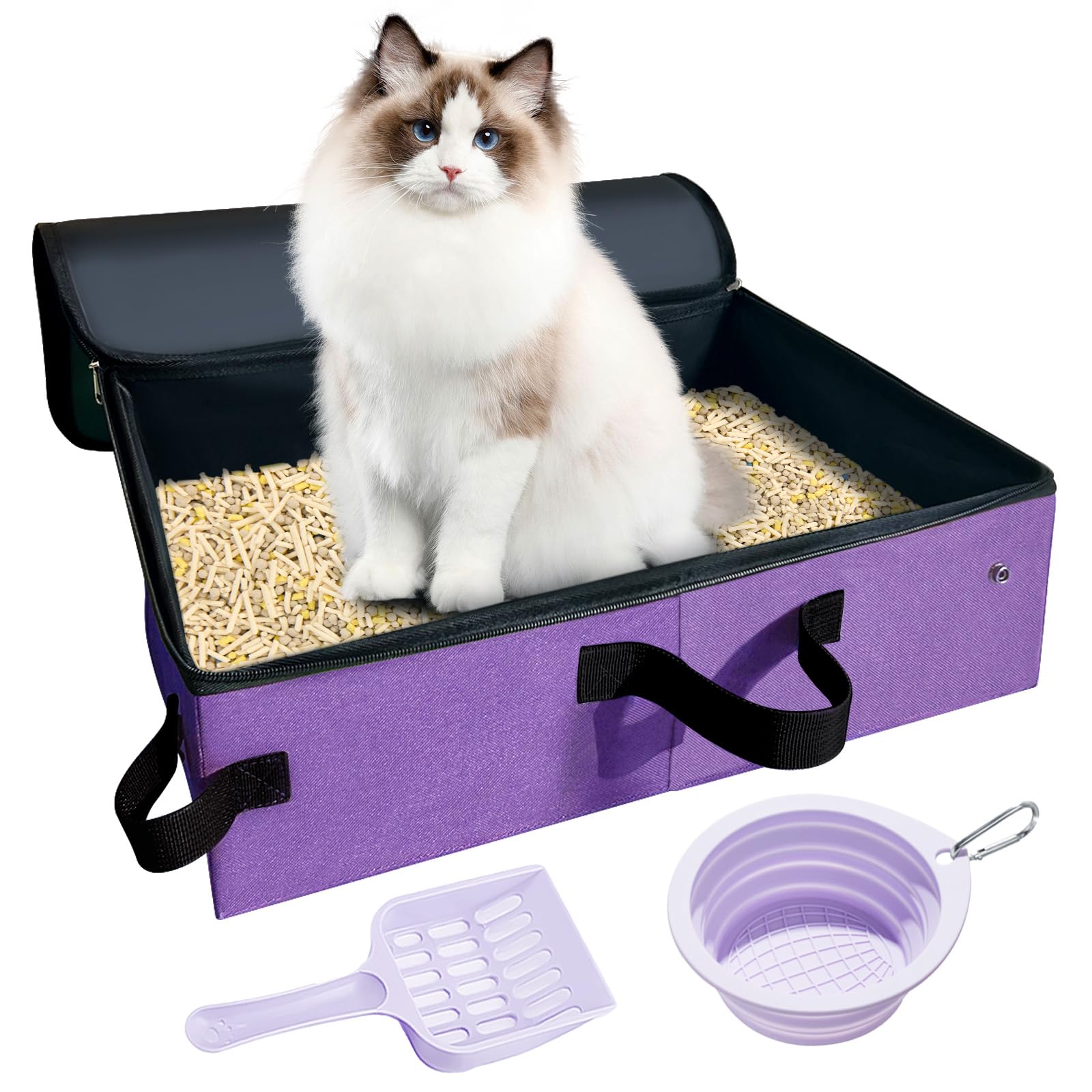 Large Portable Cat Travel Litter Box with Lid,Silicone Folding Bowl &amp; Little Scooper, Leak-Proof and Foldable Travel Cat Litter Box for Hotels, Car and Camping, Odor-Free &amp; Waterproof, 20x14x6.5''