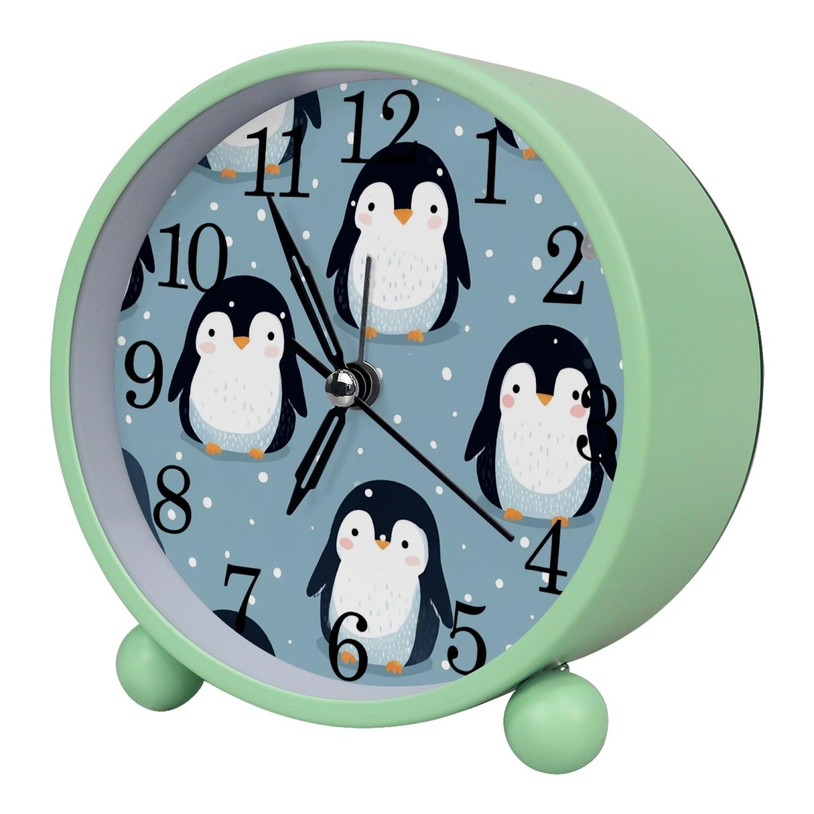 etoenbrc Penguin Round Battery Operated Bedside Alarm Clock Non-Ticking Desktop Silent Analog Alarm Clock with Light