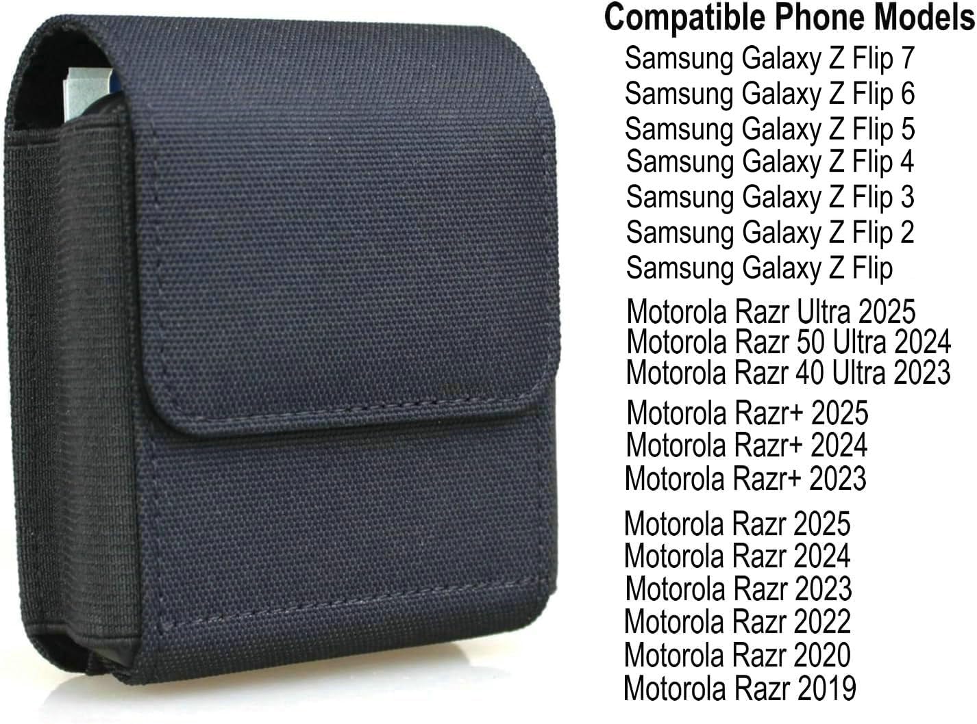Funda con tapa para teléfono Samsung Galaxy Z Flip 6/5/4/3/2, funda de nailon con clip para cinturón para Motorola Razr 2024/2023 Moto Razr+ Plus Ultra, funda para tarjetero, color negro