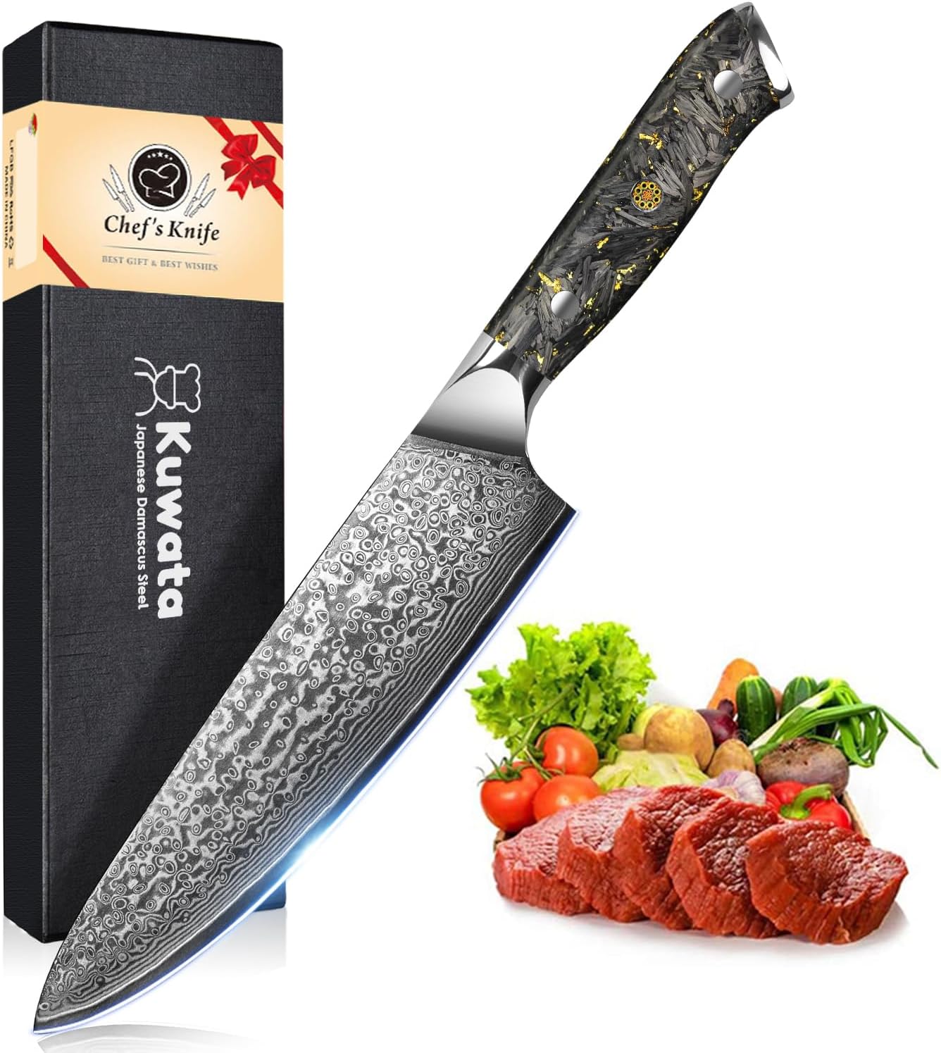 Chef Knife, 8 Inch Damascus Professional Black Gold Series Chefs Knife, Japanese VG-10 High Carbon Stainless Steel Vegetable Cooking Knife - G10 Ergonomic Black Gold Handle with Gift Box