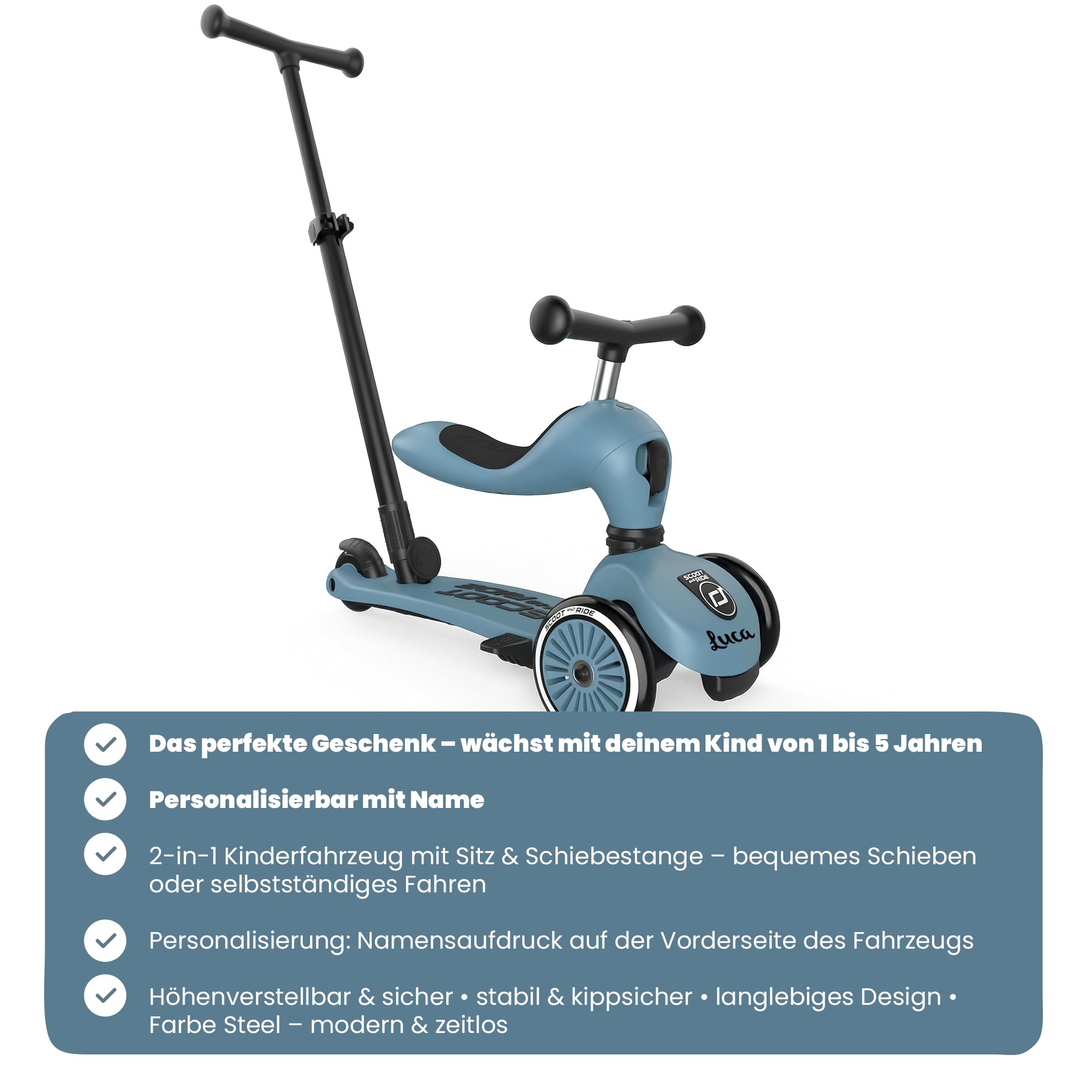 Scoot and Ride Highwaykick 1 Push & Go Steel personalisierbar – 2-in-1 mit Sitz & Schiebestange – höhenverstellbar – für Kinder 1–5 Jahre – mit Namen personalisiert