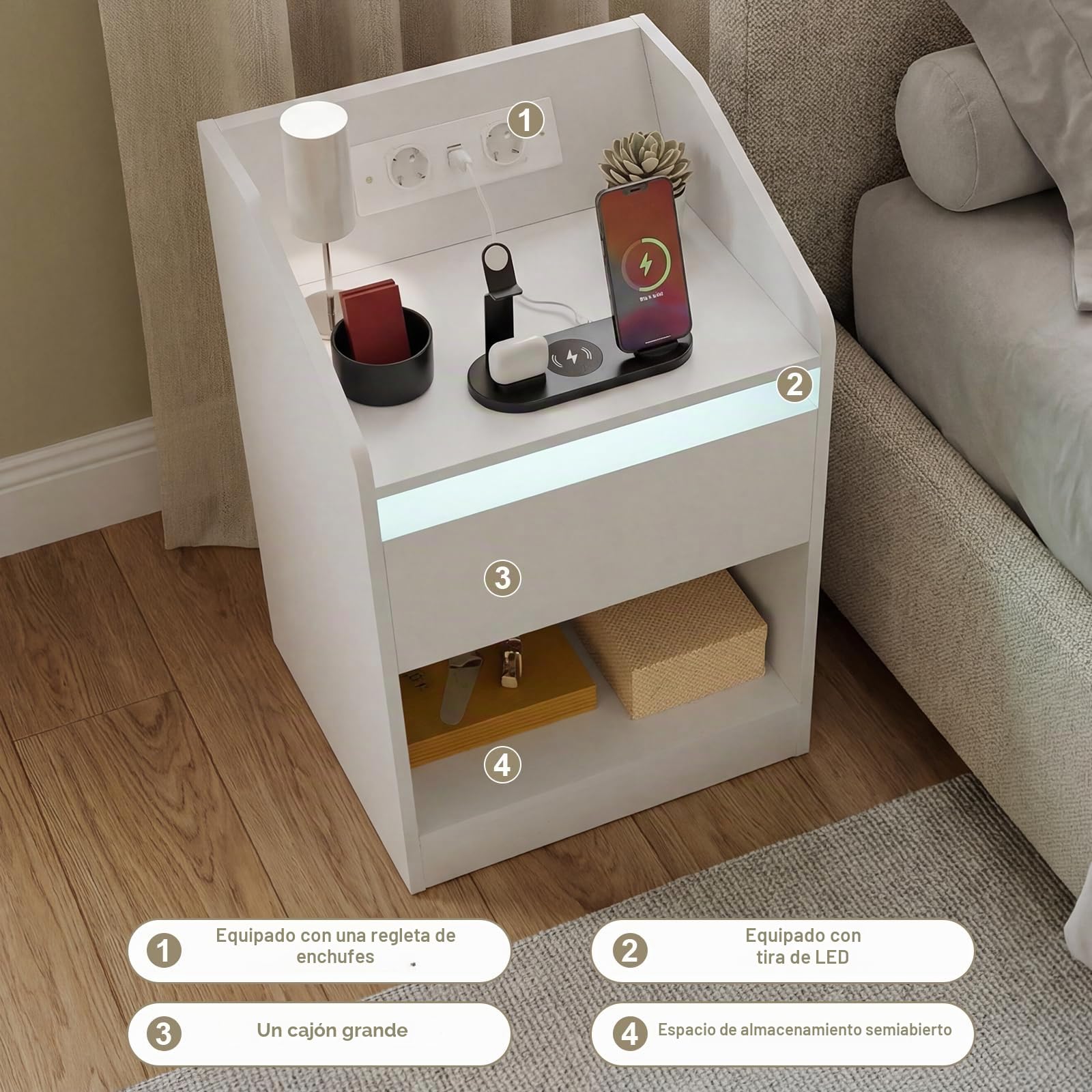DATO Mesita de noche con iluminación LED y estación de carga (2 enchufes CA, 2 puertos USB), mesilla de noche con cajones, mesa auxiliar moderna, mesa de sofá para salón dormitorio (NS19)