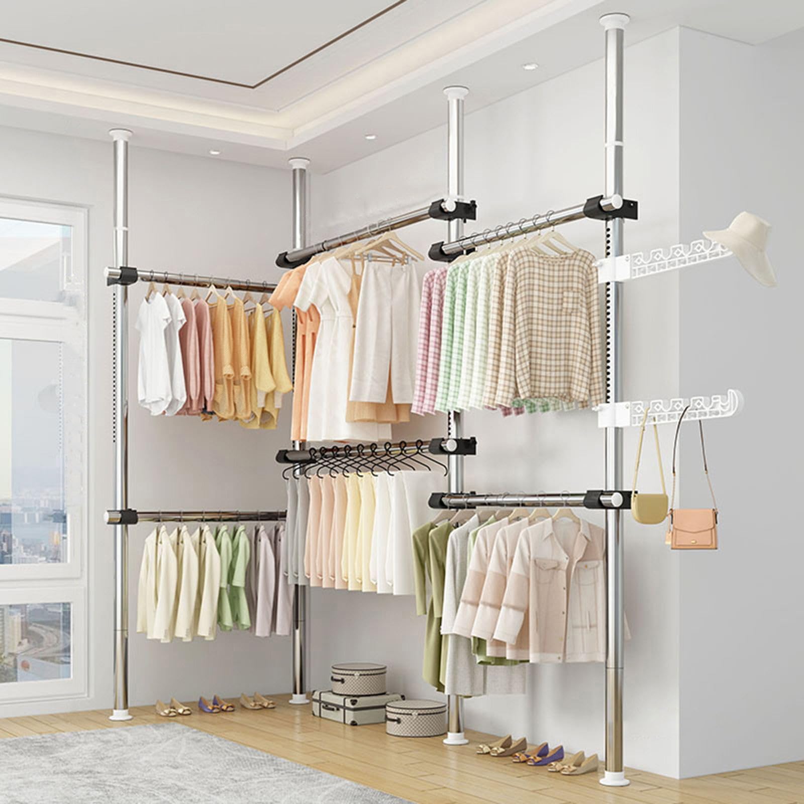 YNBSHGAA Portable Garment Rack with 4 Poles and 6 Bars, Telescopic Wardrobe Organizer, Height Adjustable Coat Hanger, Heavy Duty,Silvery