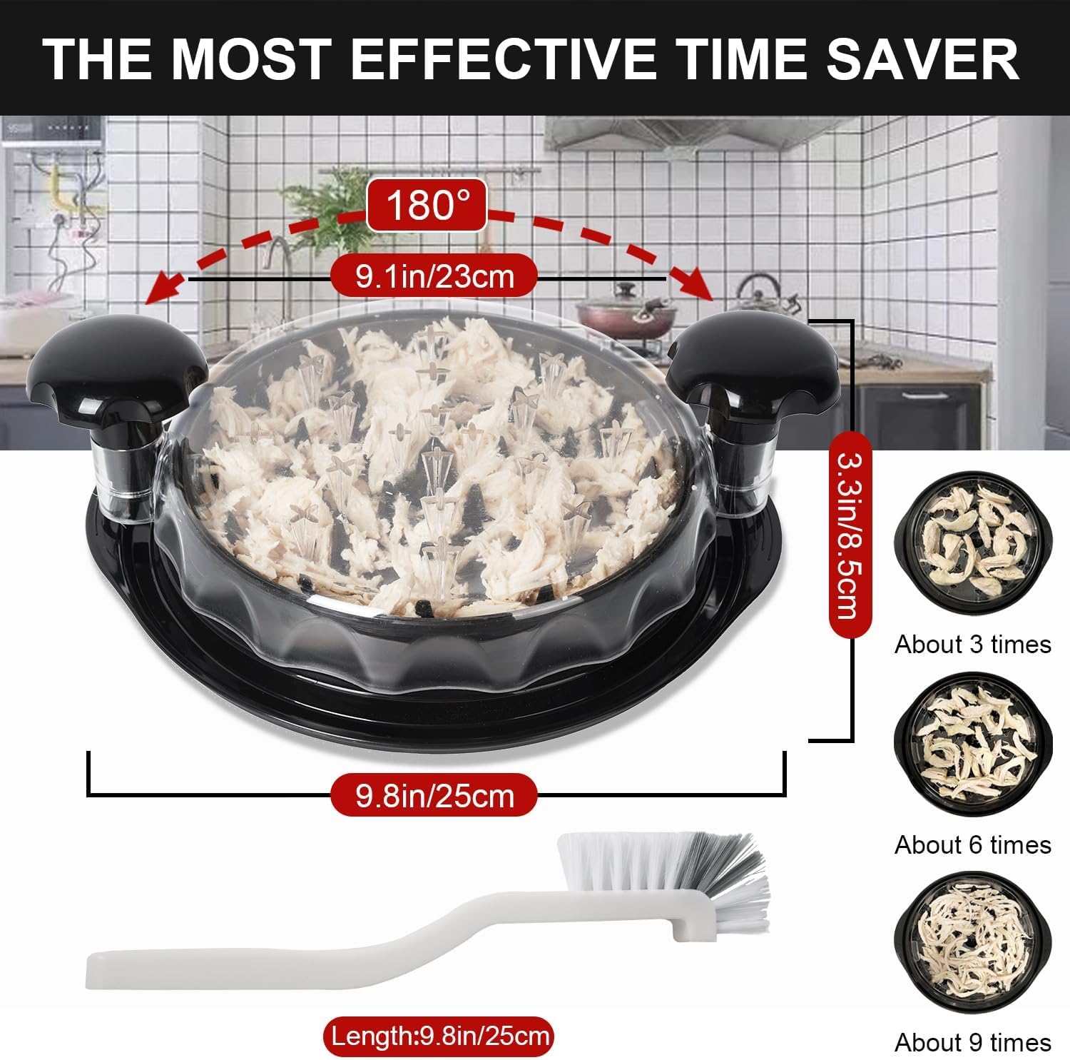 Broyeur de poulet Twist avec couvercle transparent - Broyeur de viande - Broyeur de poitrine de poulet - Brosse de nettoyage - Résistant à la chaleur - Antidérapant - Poignée ergonomique - Passe au
