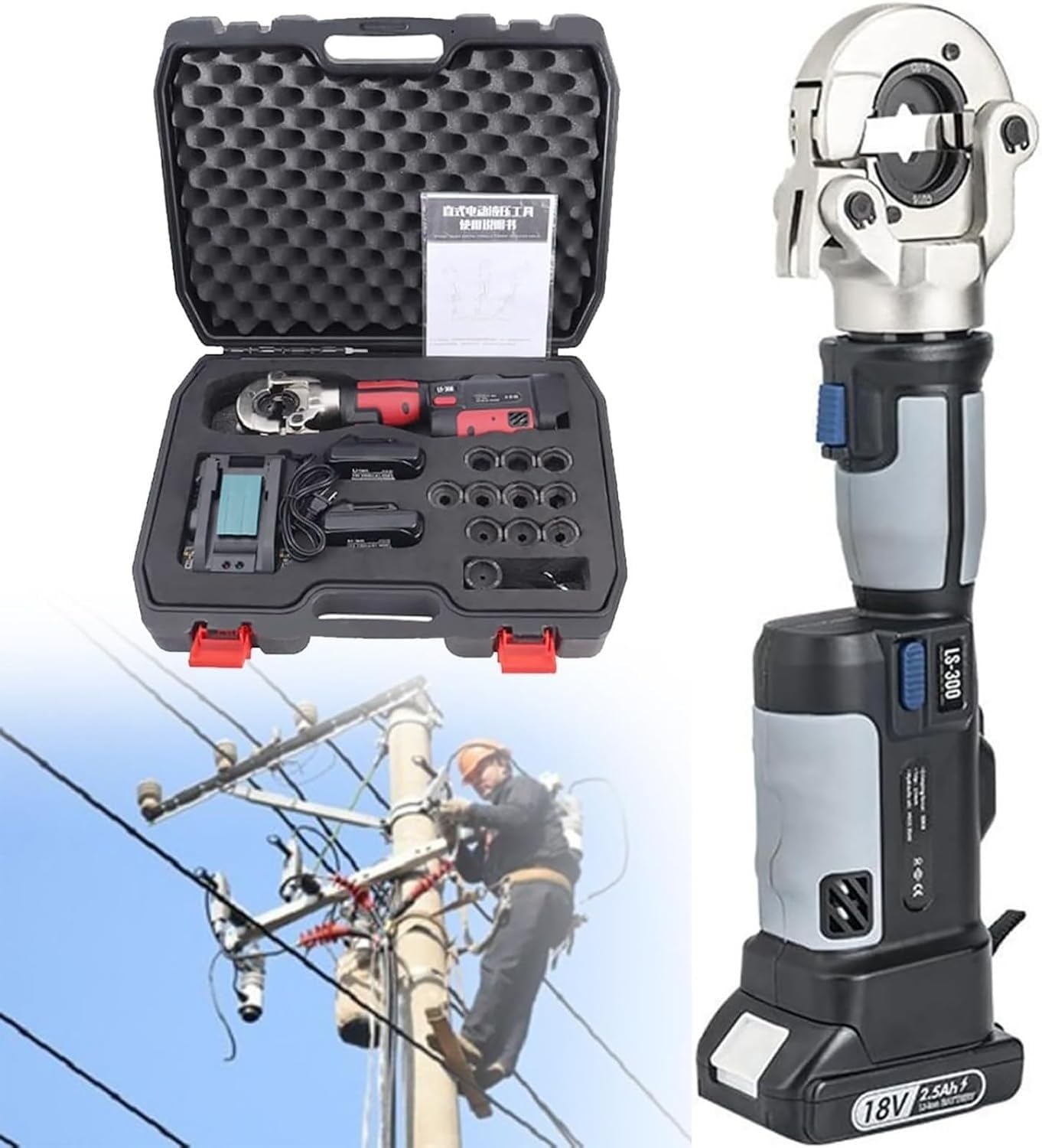 Electric Hydraulic Crimping Tool with 18V Battery - Crimping Tool Terminals Copper and Aluminium, Range 16 to 300 mm²