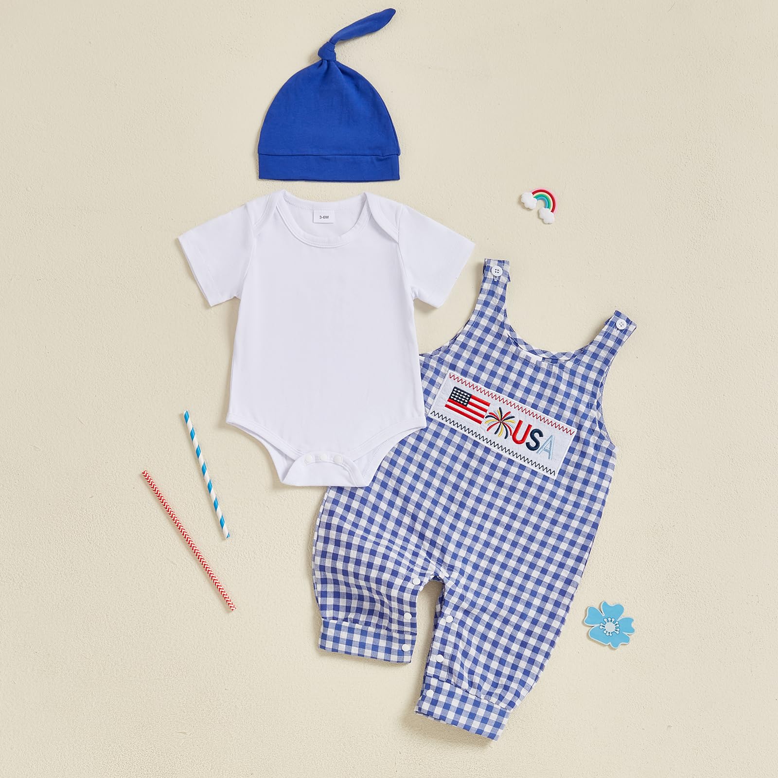 My Firist 4th of July Baby Boy Outfit Newborn Romper + Plaid Flag Overalls+ Hat 3Pcs Boy Fourth of July Outfit (USA, 9-12 Months)