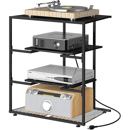 YBING 4-Tier AV Media Stand, Stereo Stand Cabinet, Media Shelf, Video Game Console with Charging Station, Record Player Stand, Corner TV Shelf, Black Entertainment Center for TV