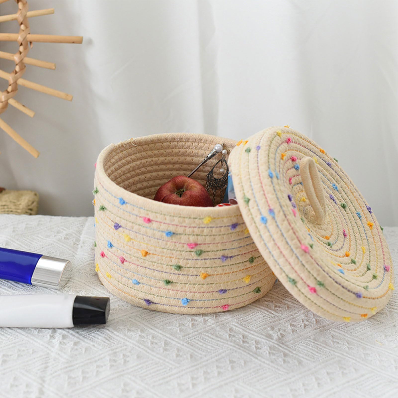 PANGBOER Paquete de 2 cestas de almacenamiento de cuerda de algodón resistentes con tapa para organizar llaves de cuerda y juguetes en elegantes diseños de colores