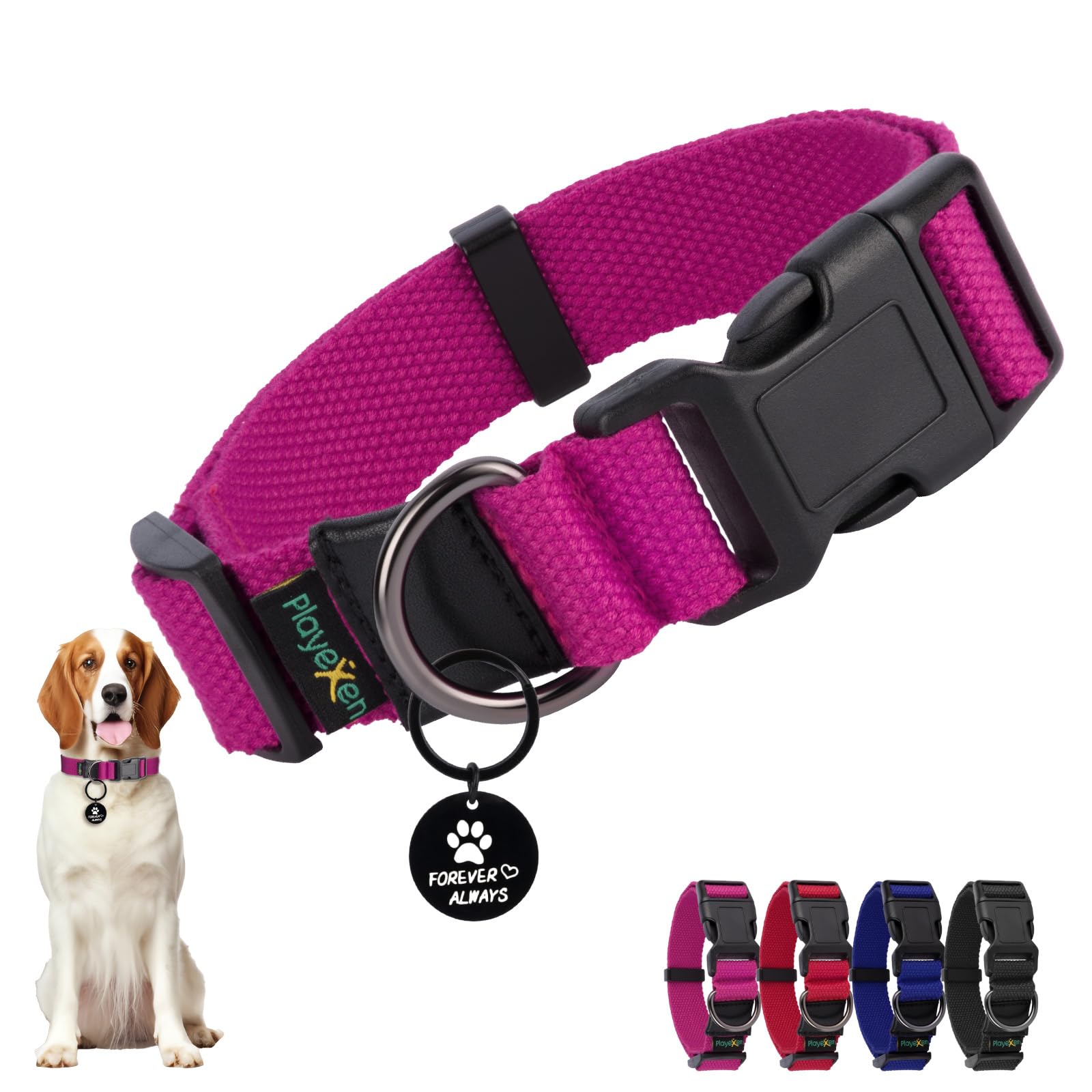 Collar Perro, Collares Ajustables para Perros Pequeños de Gato de Algodón Suave, Dog Collar con Etiqueta Removible para Cachorros Perros Pequeños Medianos Grandes, 35-50/2,5cm (M), Rosa