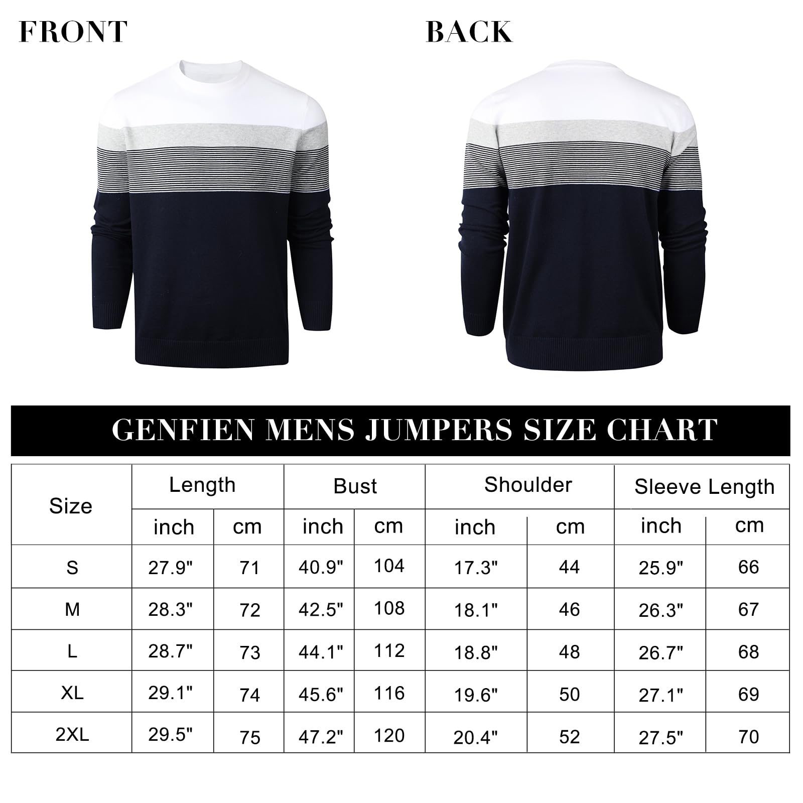 Genfien Hommes Pull à Col Rond et Manches Longues Chaud Pulls en Tricot Rayé Decontracté Sweater Casual 100% Coton