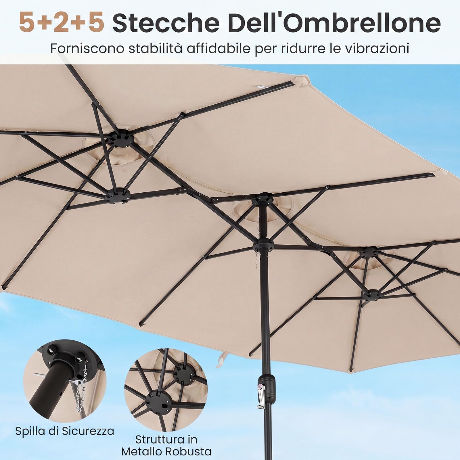 COSTWAY Ombrellone da Giardino Doppio 375 x 215 cm, con Manovella, Anti-UV, 12 Stecche Metalliche, per Terrazza, Piscina e Cortile (Beige, 375 x 215 cm non luci)