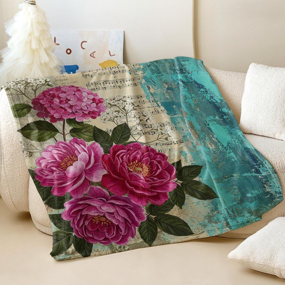 Couverture d\'art décoratif pivoine en flanelle douce, jeté de lit élégant de haute qualité