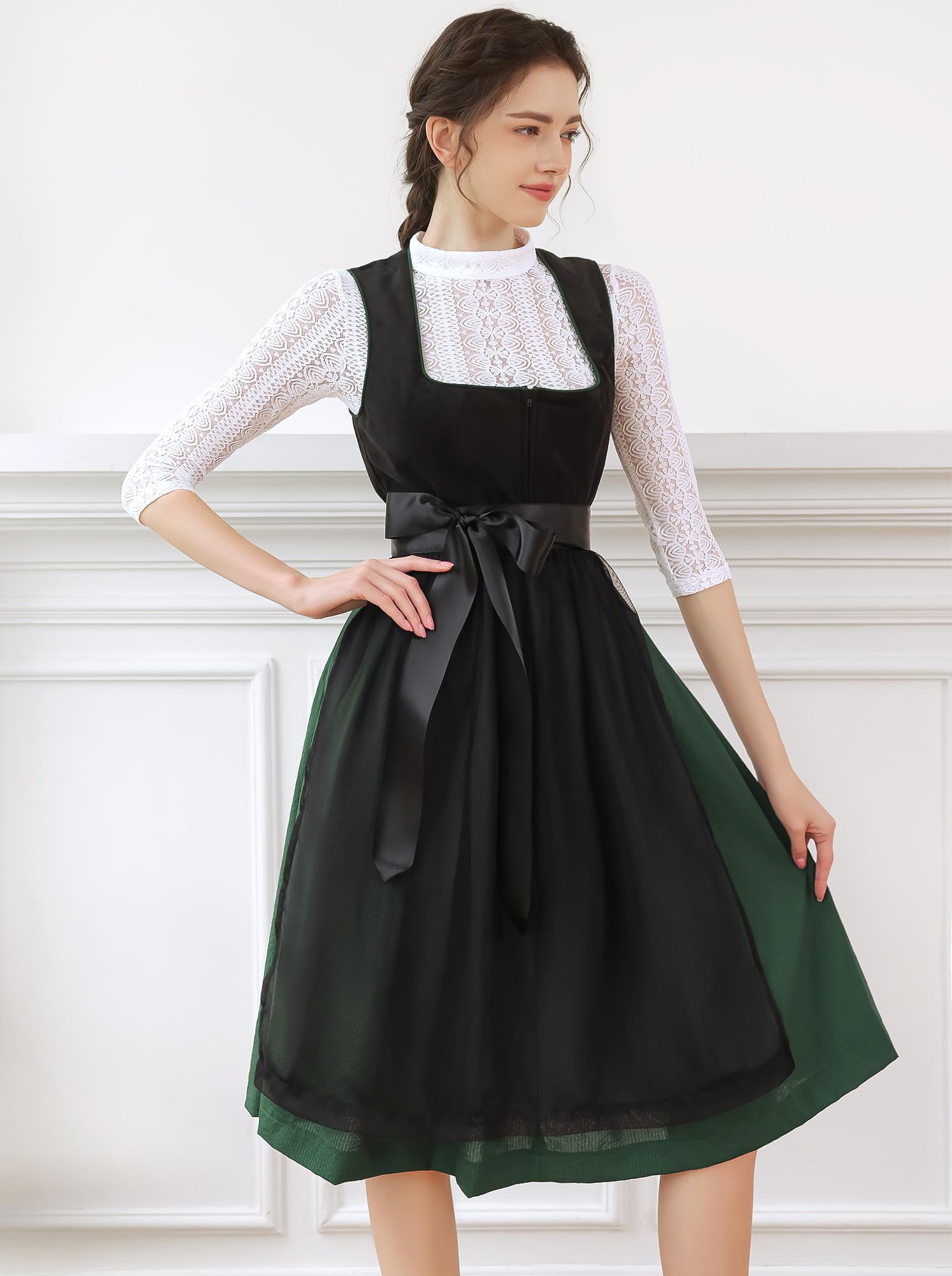 EIISSION Dirndl Damski Oktoberfest Kostium Oktoberfest Kostium Kostium Damski Czarny Tradycyjna Sukienka midi Trachten Sukienka 3 Pieces Bluzka Fartuch