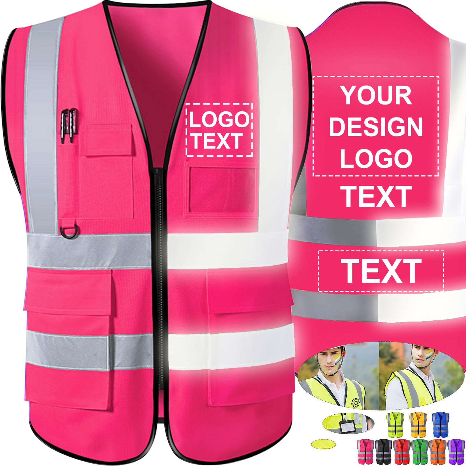 Custom Safety Vest High Visibility Reflective Logo Vests with Pockets Class 2 for Men Women Construction Work (S-5XL)