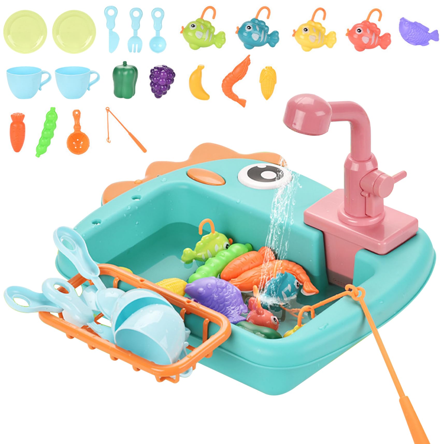 Lavandino da gioco con acqua corrente a circolazione elettrica, set da 21 pezzi, lavandino per bambini 2 in 1, senza BPA, simpatico dinosauro cartone animato educativo, giochi di finzione, giocatt