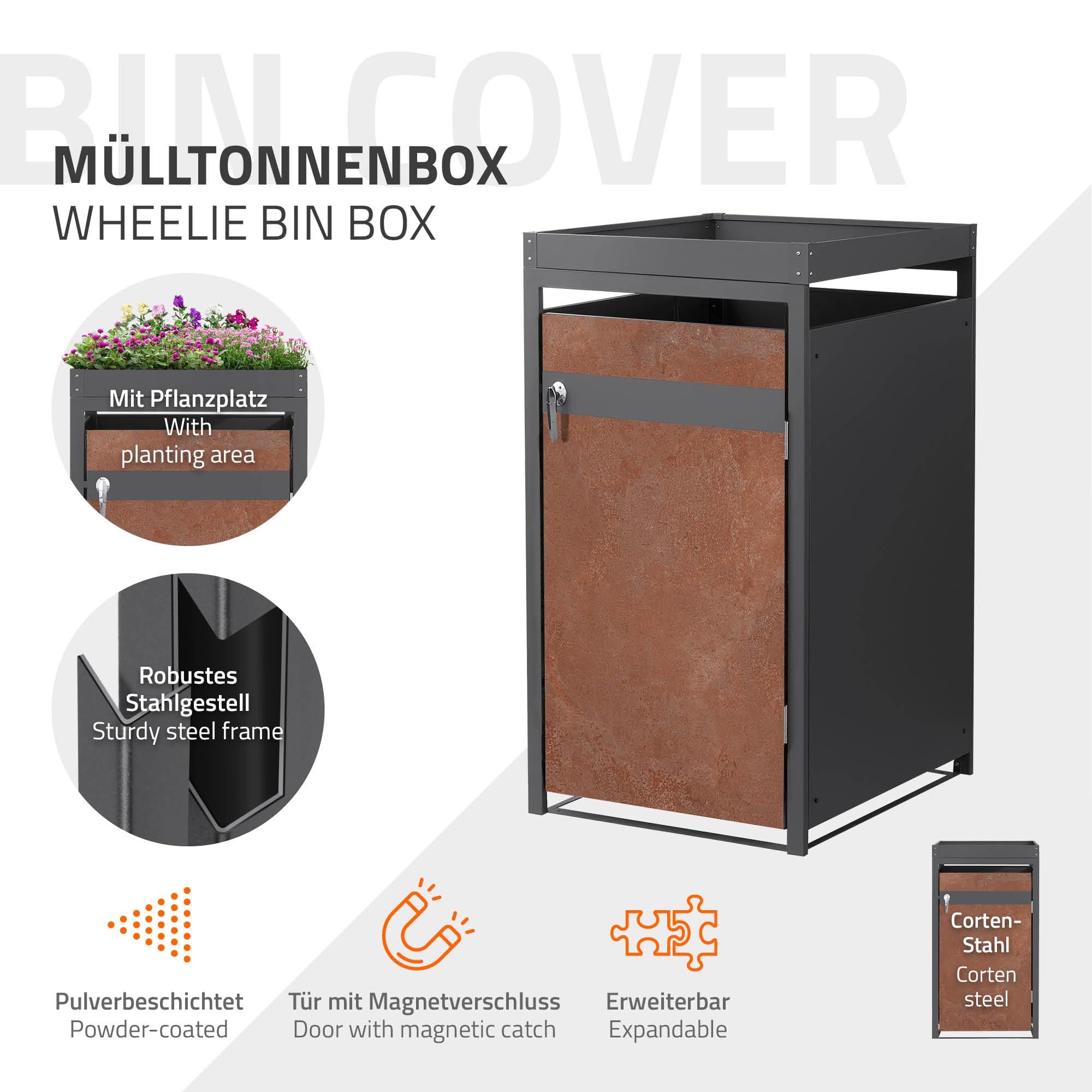 ML-Design Mülltonnenbox 1er 240L mit Pflanzdach, Mülltonnenverkleidung für 1 Mülltonne, Müllbox wetterfest, Mülltonnenhaus aus Stahl, Müllcontainer, abschließbare Tür, 68x80x124 cm Anthrazit-Rostoptik