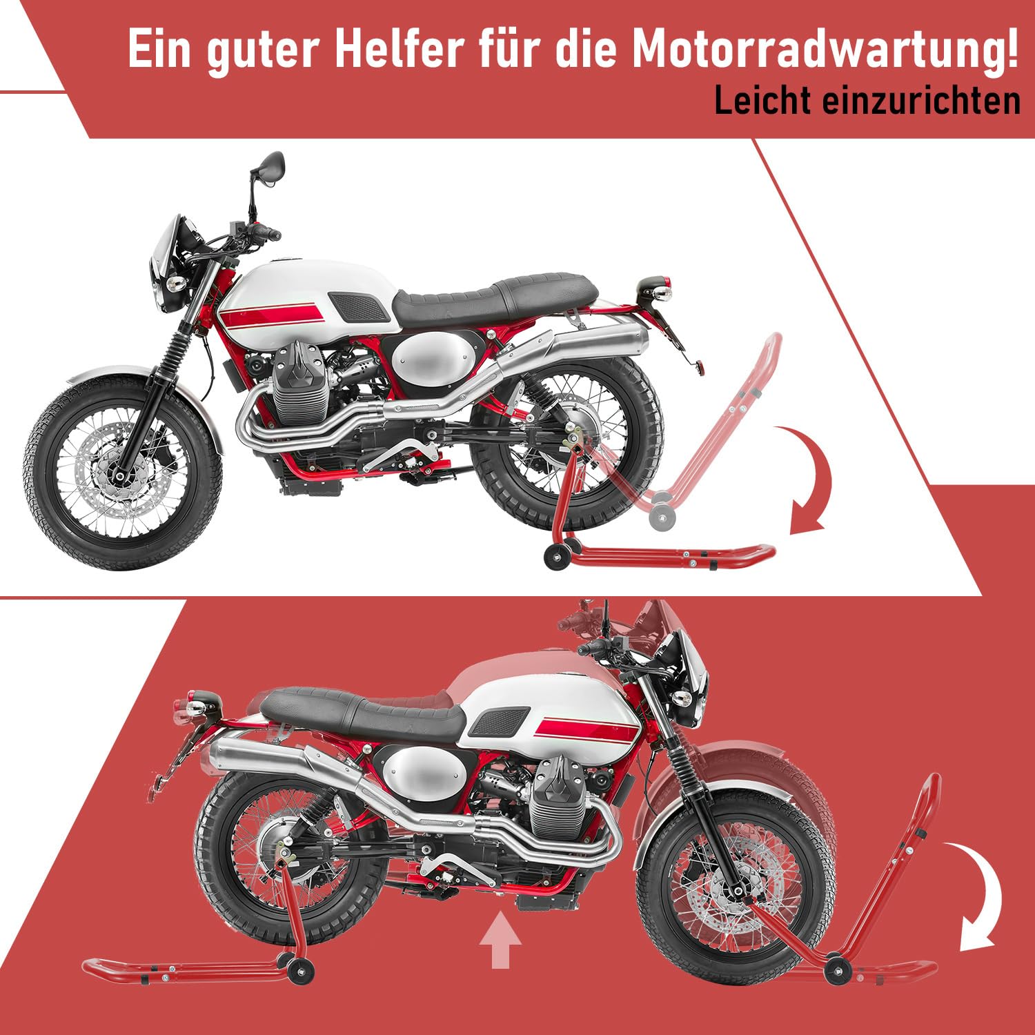 Stojak na motocykl, podnośnik do motocykla, przedni stojak z podwójnymi kółkami, regulacja szerokości, prace montażowe do 300 kg, stabilność (czerwony)