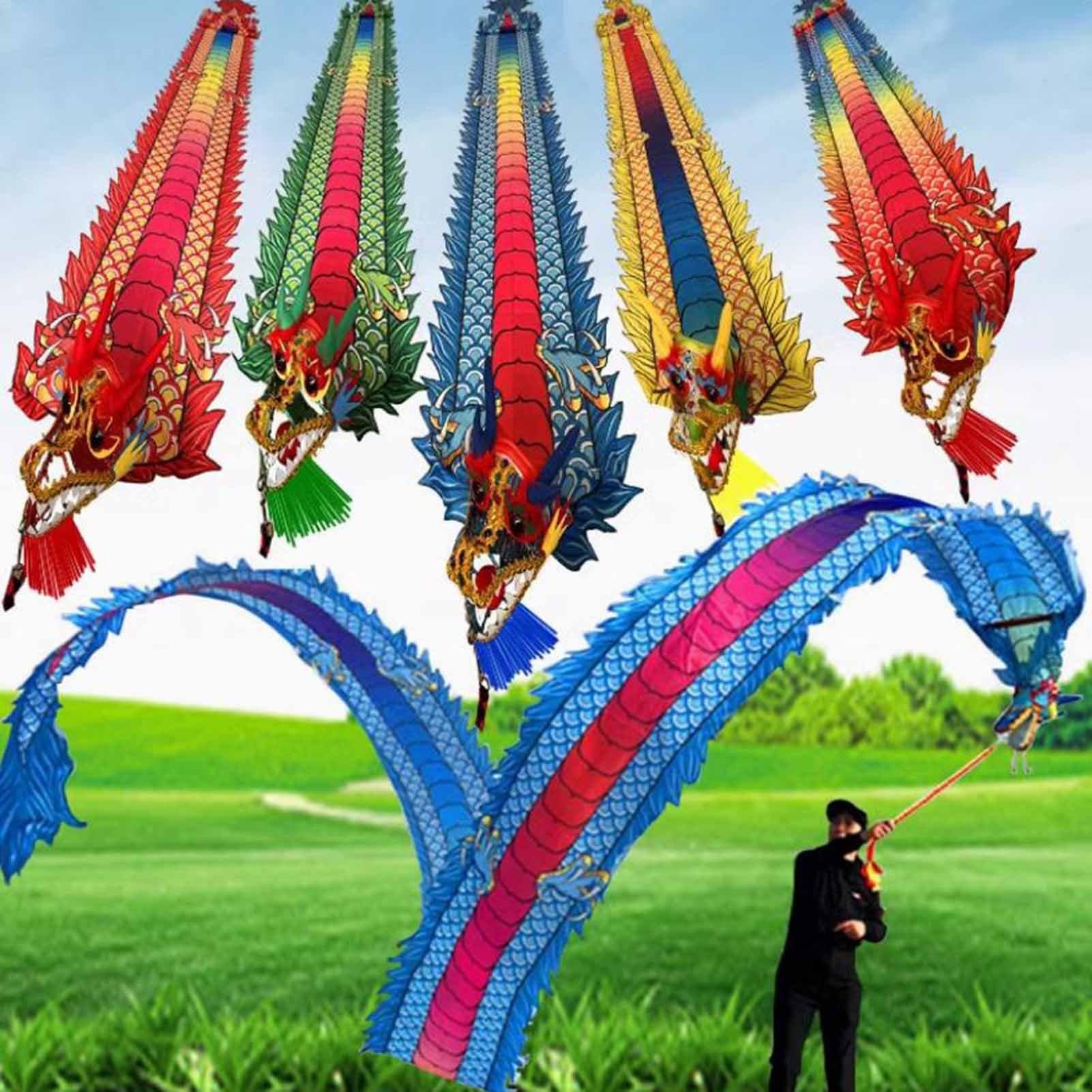 Drachenband mit Kopf, Park-Übungstanz, Flinging Wu Long Streamer for chinesische Drachen im Freien, Outdoor Flinging Fitness Dragon Dance 3D-Drachenband-Streamer(Green,6m)