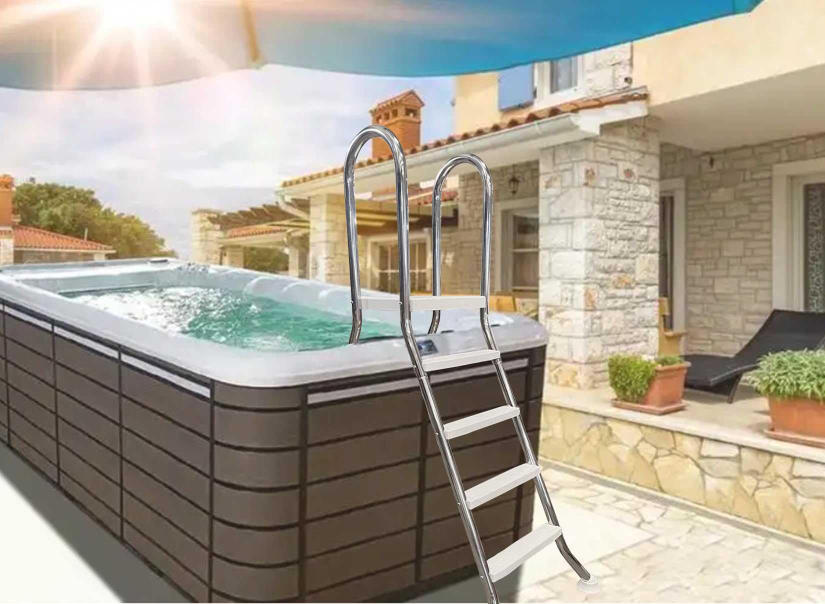 Scala per piscina fuori terra, telaio in acciaio a 4 gradini per ingresso/uscita con gradini antiscivolo, design su entrambi i lati, supporta fino a 250 kg per piscine da 135 cm