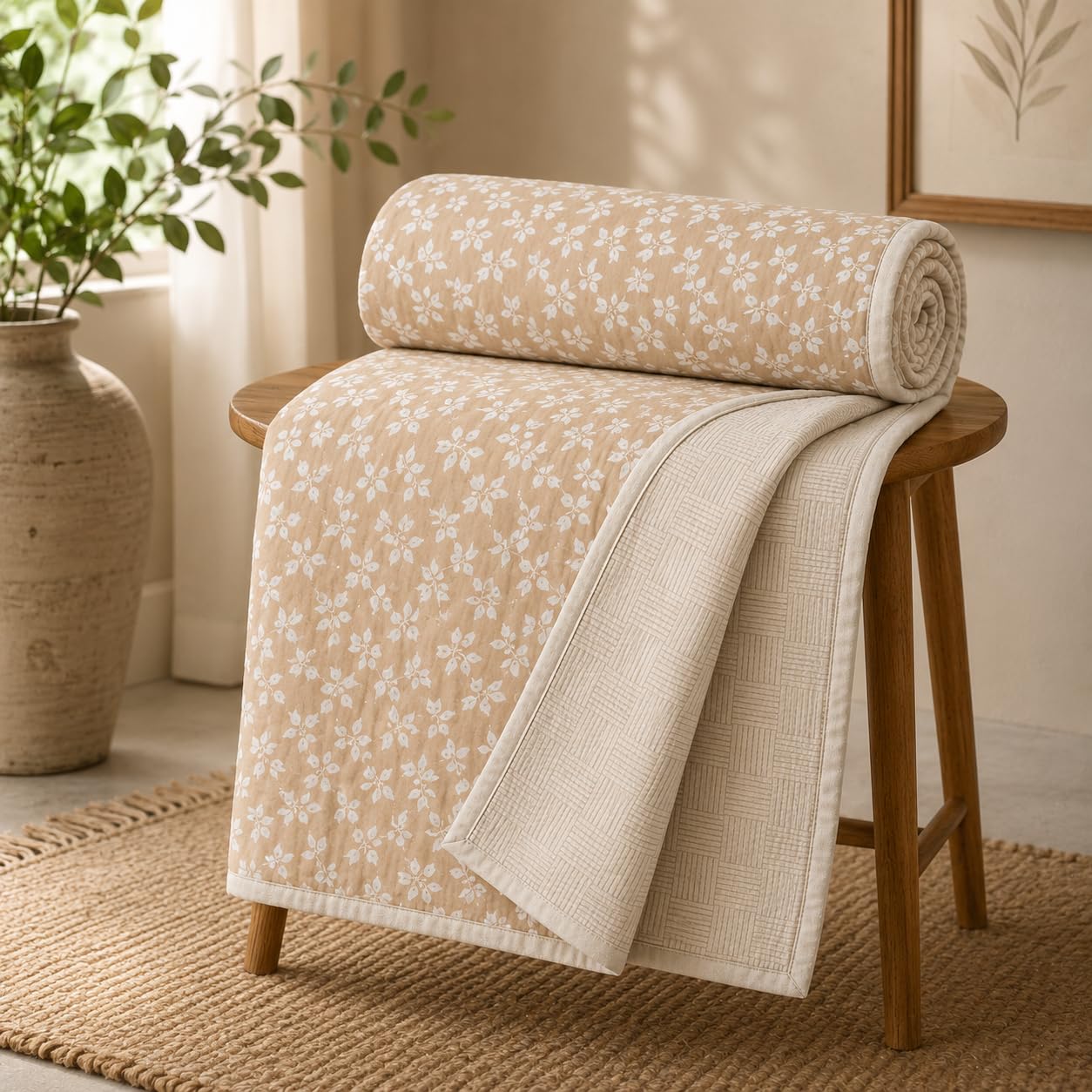 100% Cotton Dohar for Double Bed, Beige Floral | Reversible AC Blanket, Lightweight Summer Quilt, Breathable All-Season Comfort, 84 x 90 Inches-image-18