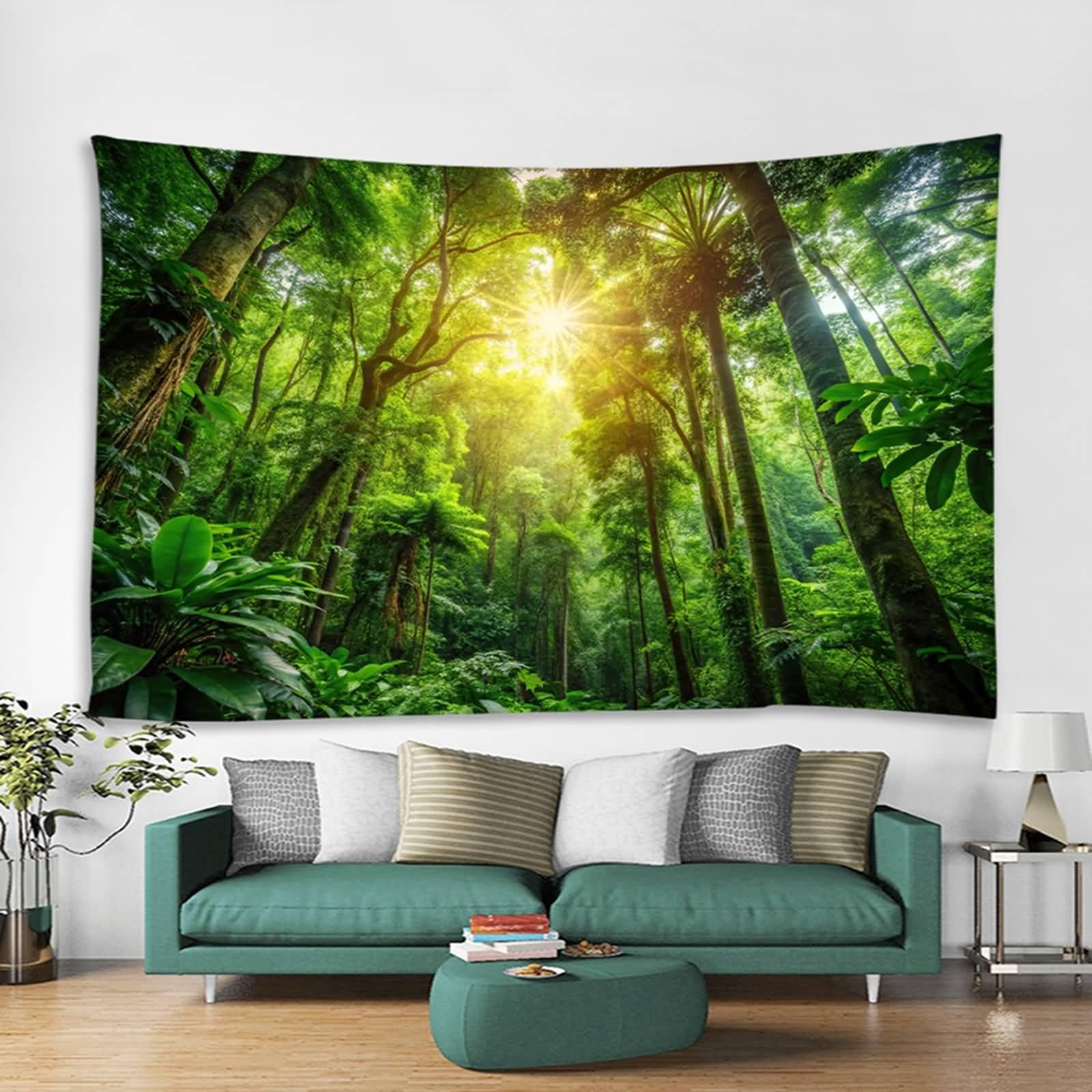 Musihy Landschaft Wandteppich, 350x256cm Sonnenlicht Wald NaturlandschaftWandbehang Dekoration für Wohnzimmer Schlafzimmer & Schlafsaal, Grün