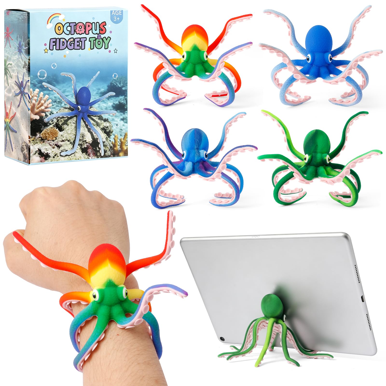 Octopus Fidget Toy - Sensory Stress Relief Toy with Suction Cups for Kids Teens and Adults - Bendable Tentacles Squishy Toy for Anxiety Relief (2 Pcs-Camoblue&Rainbow)