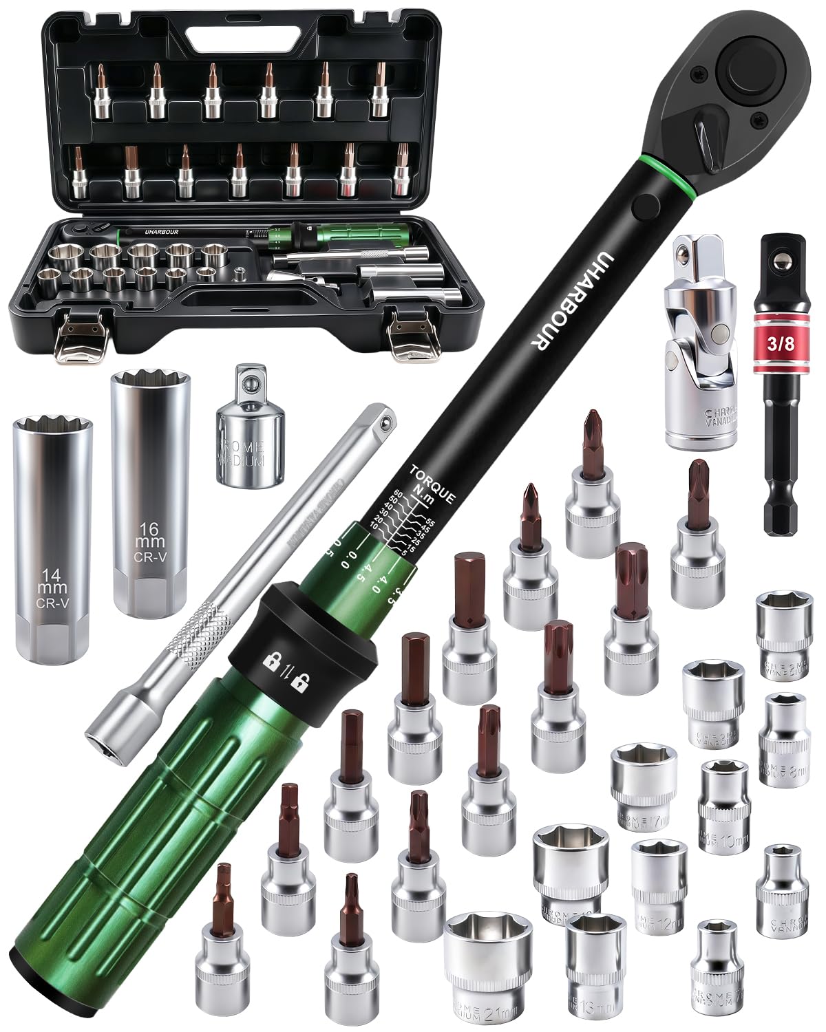 Uharbour Llave dinamométrica de 3/8 pulgadas, 5-60 Nm, 31 piezas, juego de llaves dinamométricas para motocicleta, ± 3% de precisión con extensiones, llaves de vaso y adaptador, carraca de 72 dientes
