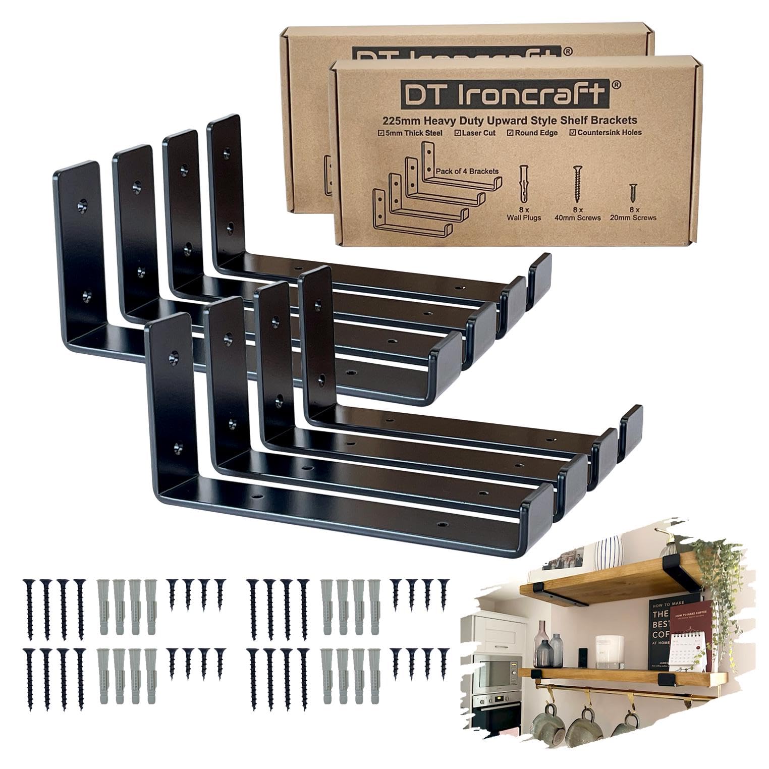 Shelf Brackets for Scaffold Board Shelving - Heavy Duty Durable Industrial Style 9 inch Shelf Bracket with Lip - Made from 5mm Steel by DT Ironcraft - 225x40mm (Black, Lip UP 8 pcs)