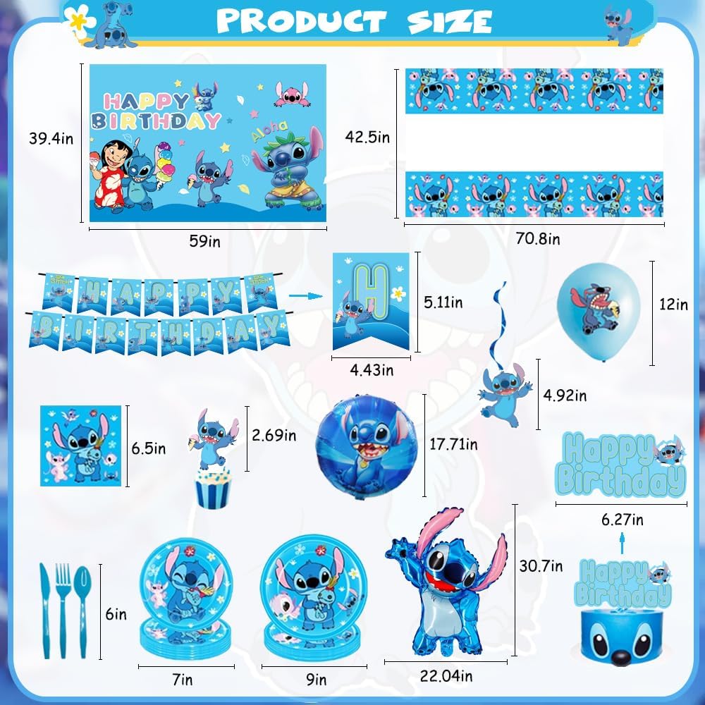 Blue Cartoon Theme Birthday Party Supplies Decorations, Including Birthday Banner, Tablecloth, Backdrop, Hanging Swirls, Balloons, Cake Toppers, Plates, Forks, Spoons for kawaii Party