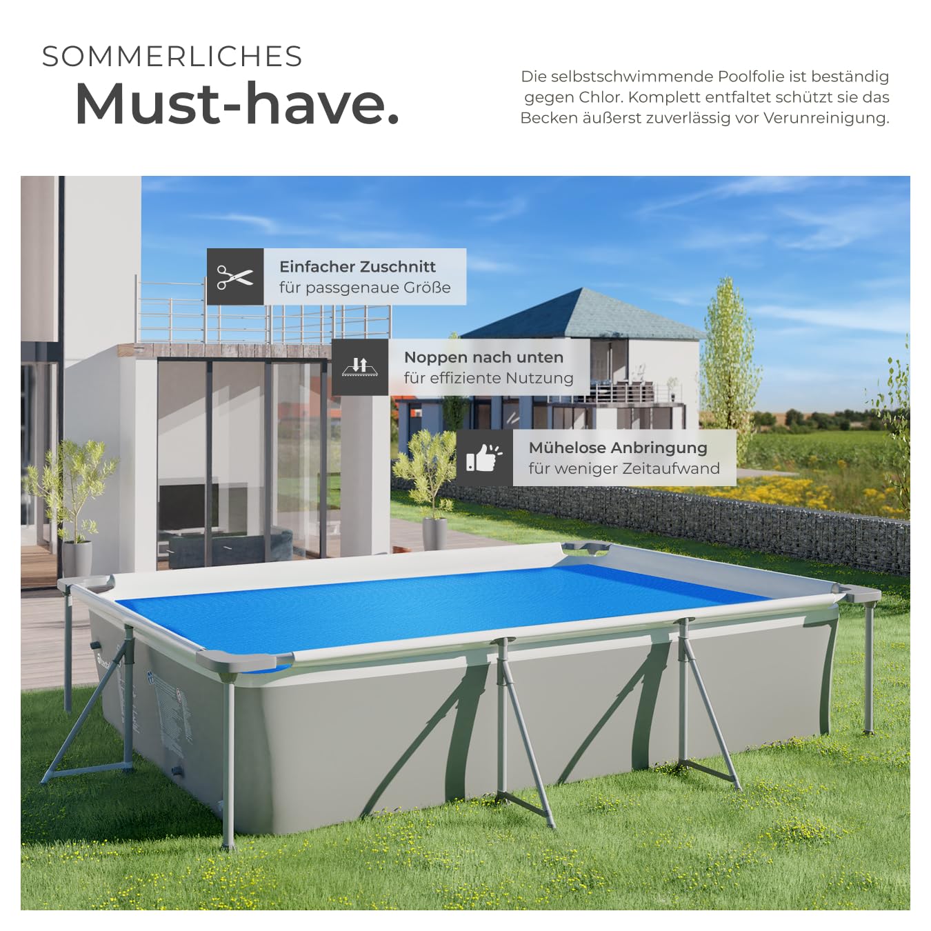 tectake® Poolabdeckung rechteckig, Solarplane Pool rechteckig, Poolzubehör Abdeckplane für Aufstellpool, Pool Garten, Pool Abdeckung mit Noppenfolie als Solar Poolheizung - 3,66x7,32 m